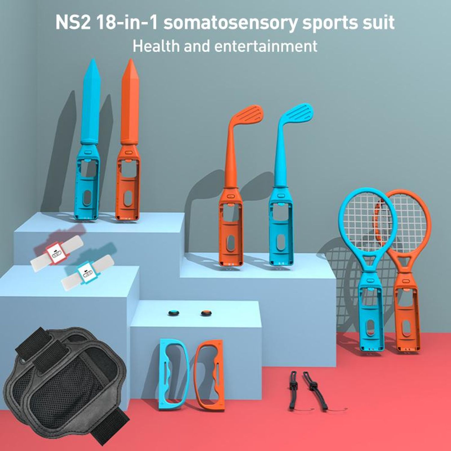 Juego de equipamiento deportivo sobre una superficie azul y roja. Incluye palos de golf, raquetas, muñequeras y otros accesorios en varios colores.