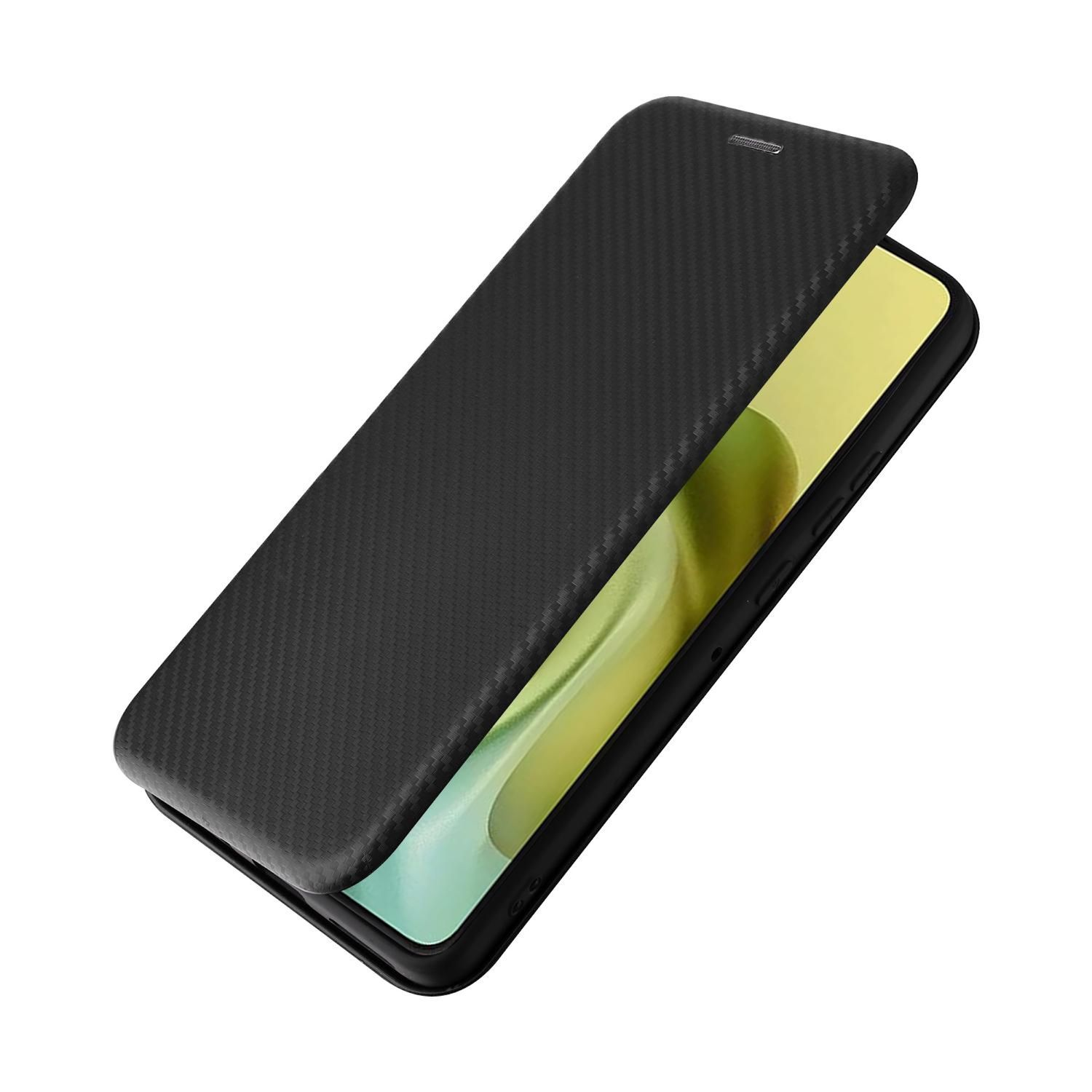 Eine schwarze Handyhülle ist geöffnet und gibt einen gelben Bildschirm frei. Die Hülle hat eine strukturierte Oberfläche. Das Handy liegt auf einem schwarzen Rahmen.