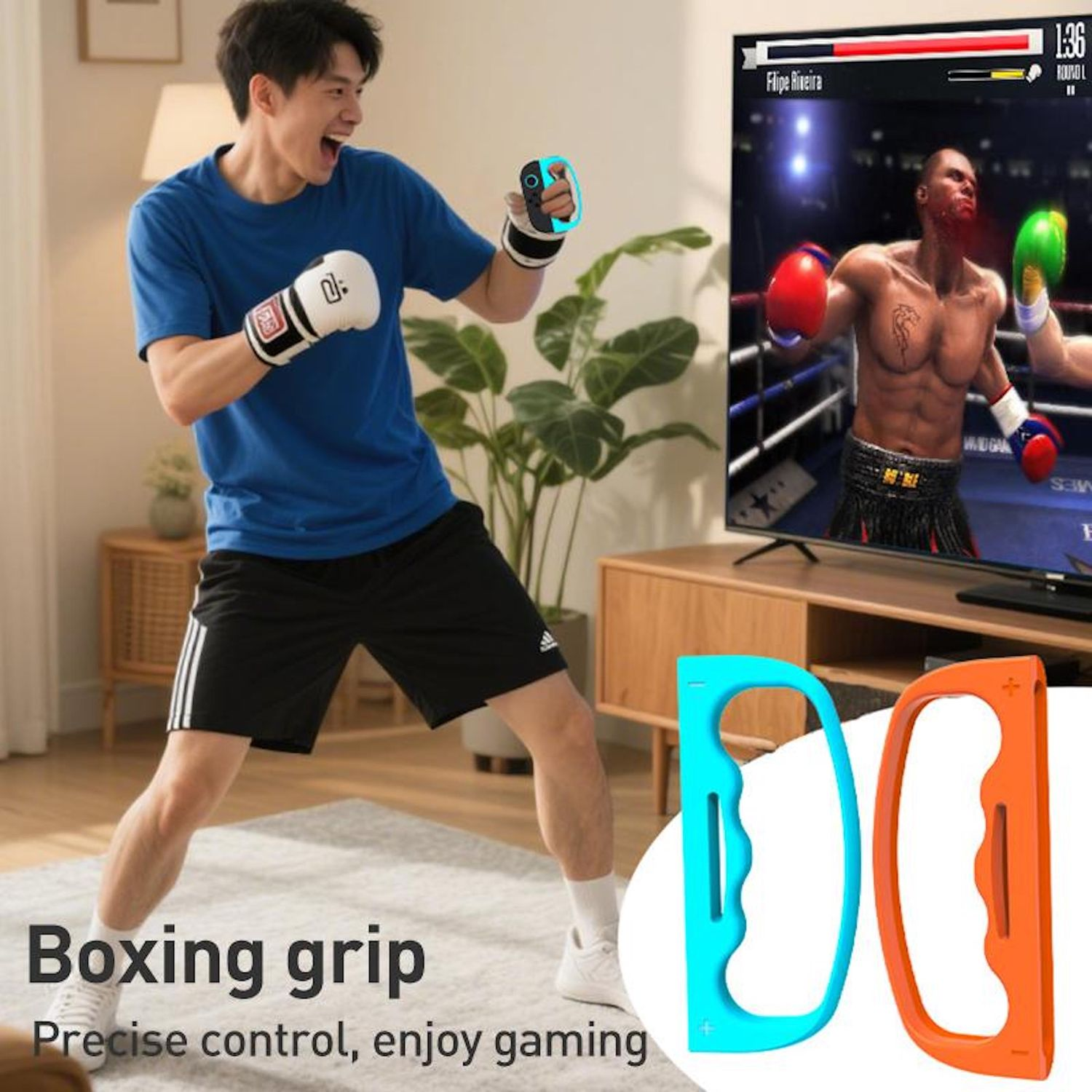 Un hombre boxea con un mando de videojuegos. La televisión muestra un combate de boxeo. Empuñaduras de boxeo azules y naranjas al frente.