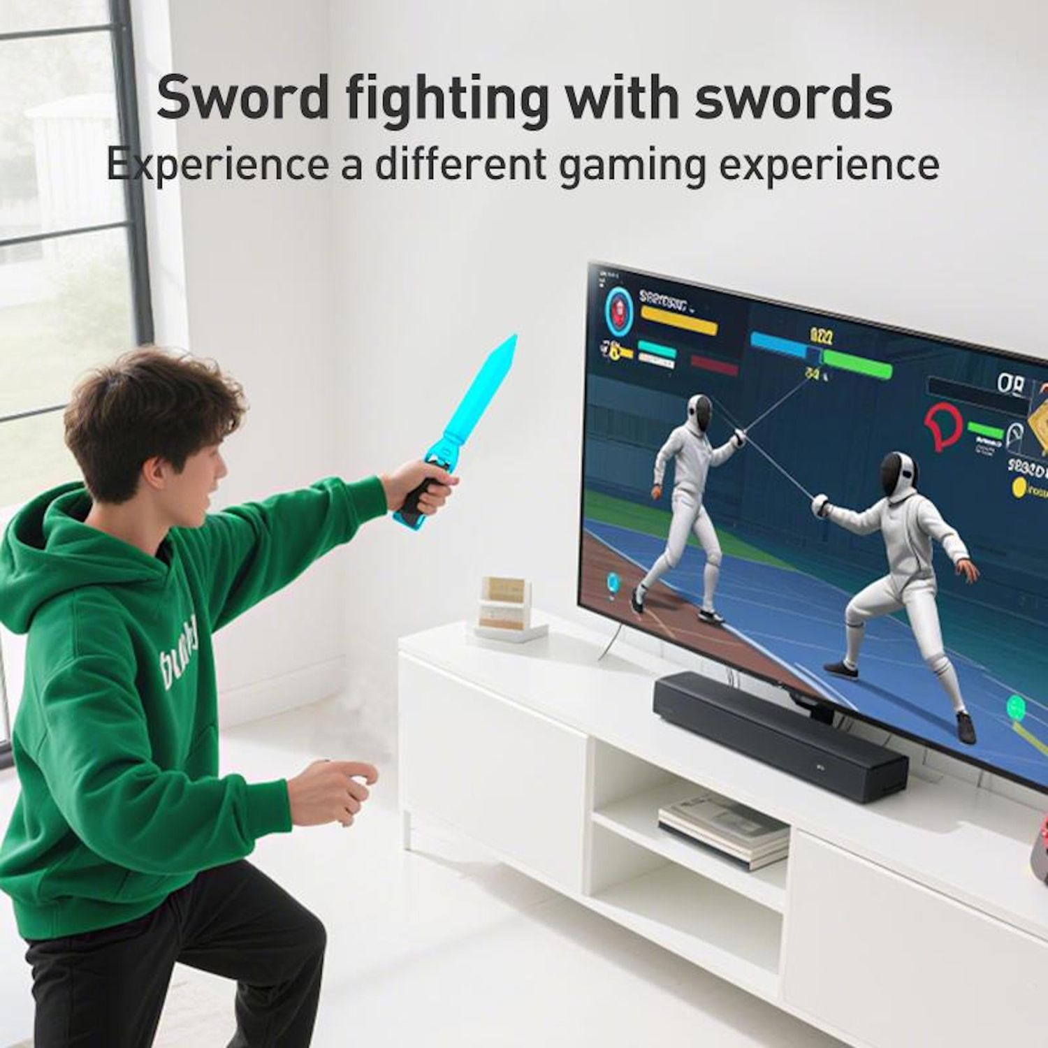 Una persona juega un juego de lucha con espadas. Sostiene un controlador azul con forma de espada. El televisor muestra un juego de esgrima. Texto: Lucha con espadas.