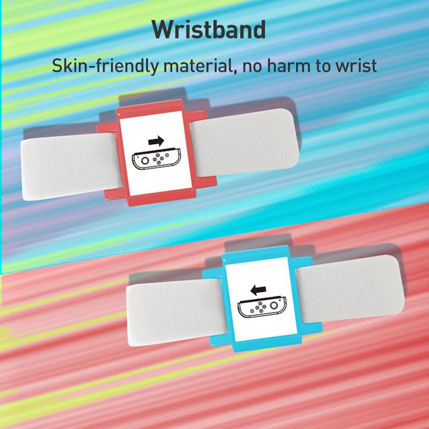 Dos pulseras, roja y azul, con correas blancas y diseños similares a consolas. El fondo tiene gradientes rosa, azul y verde.