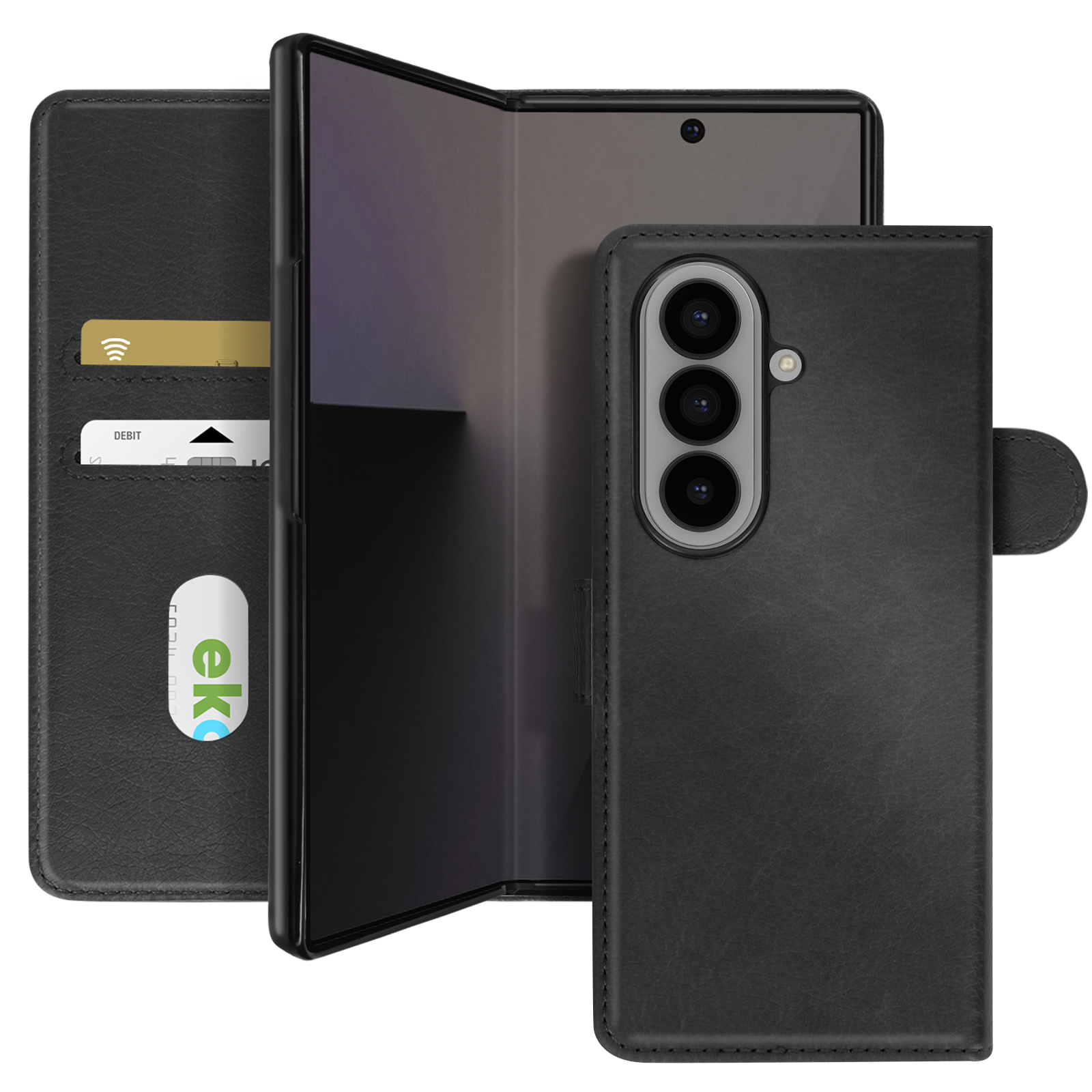 Custodia nera per telefono con smartphone. La custodia aperta rivela un porta carte con carta di credito e debito.
