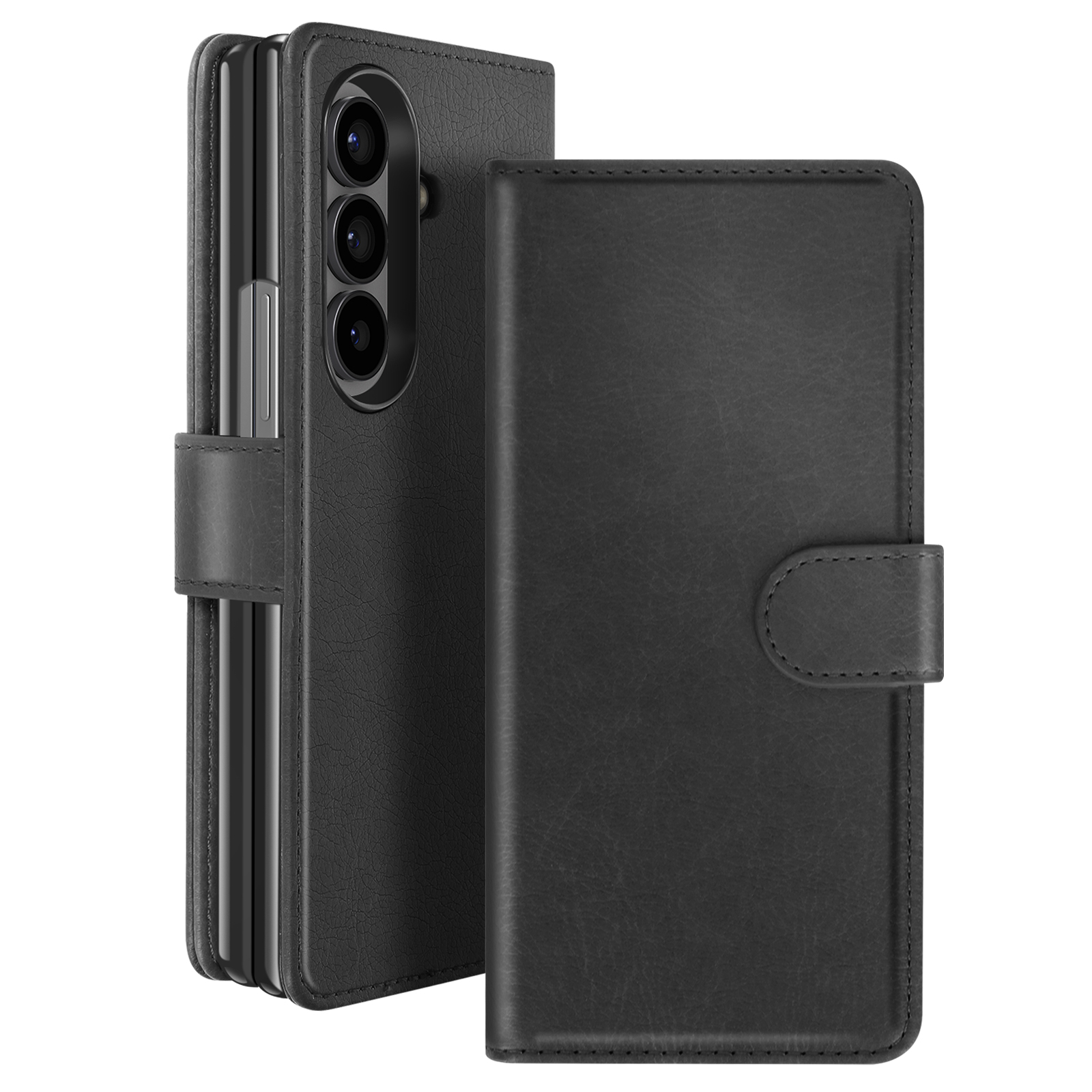 Custodia per telefono in pelle nera con telefono all'interno. La custodia è aperta, rivelando le fotocamere.