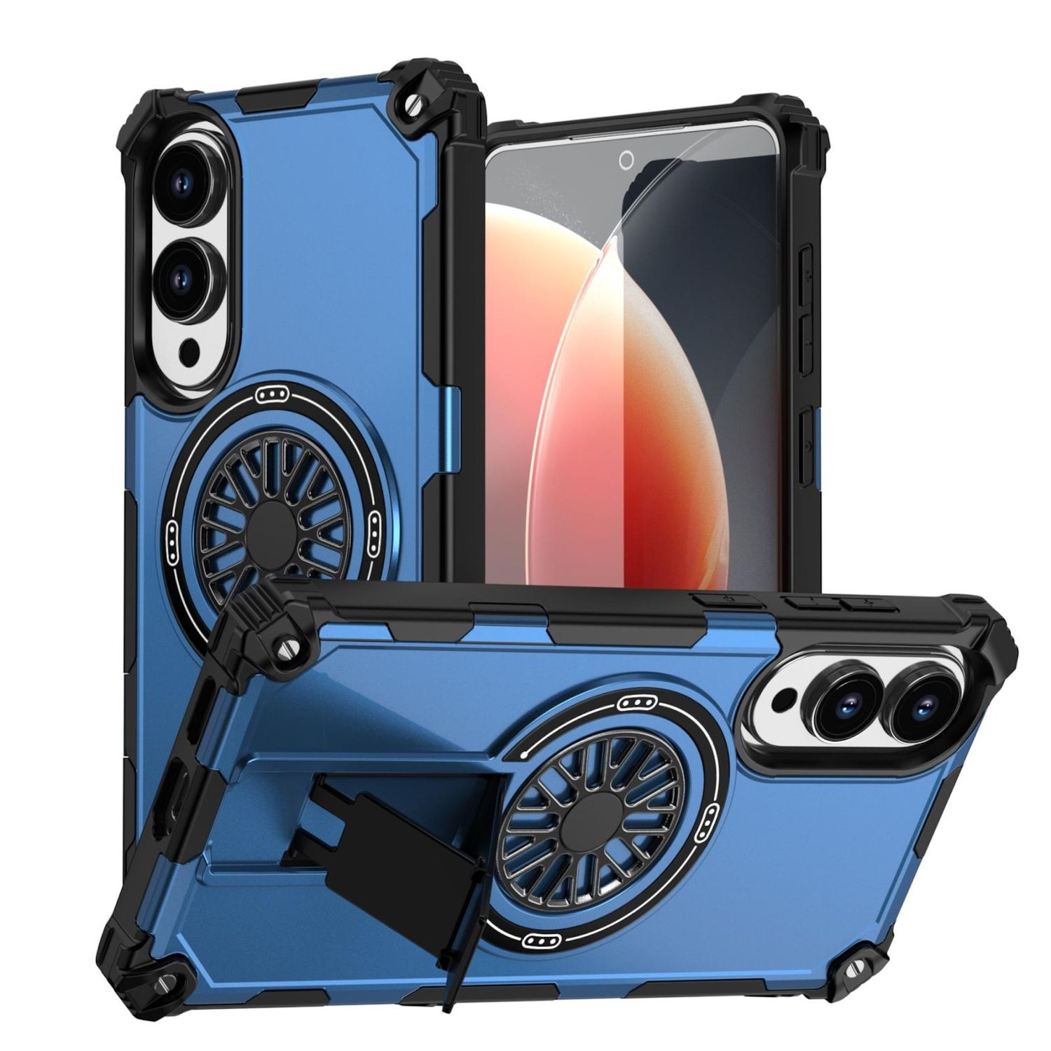 Blau-schwarze Handyhülle mit Lüfter und Ständer. Die Hülle umschließt ein Telefon mit Displayschutz.
