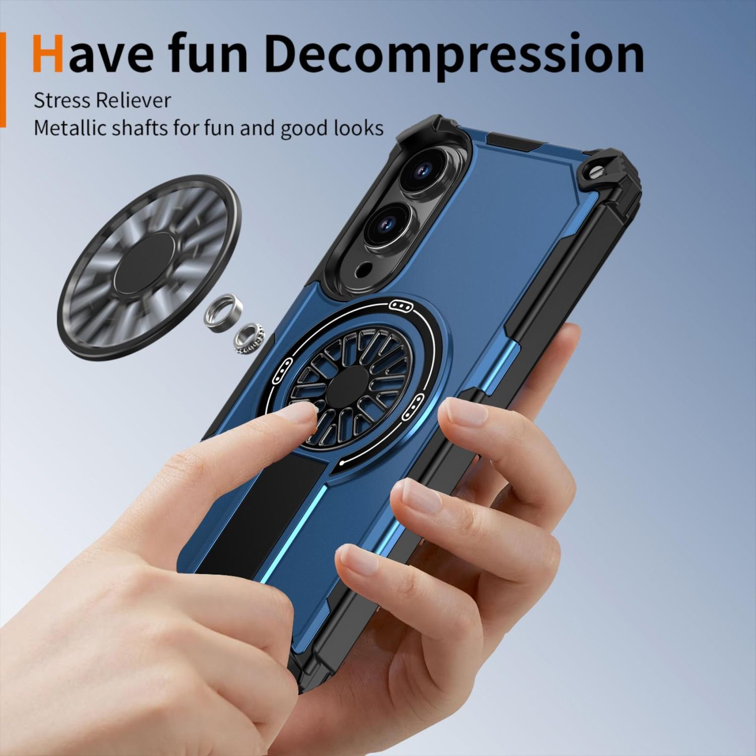 Eine Hand hält eine blaue Handyhülle mit einem Spinner. Der Text oben lautet 'Viel Spaß bei der Dekompression'.