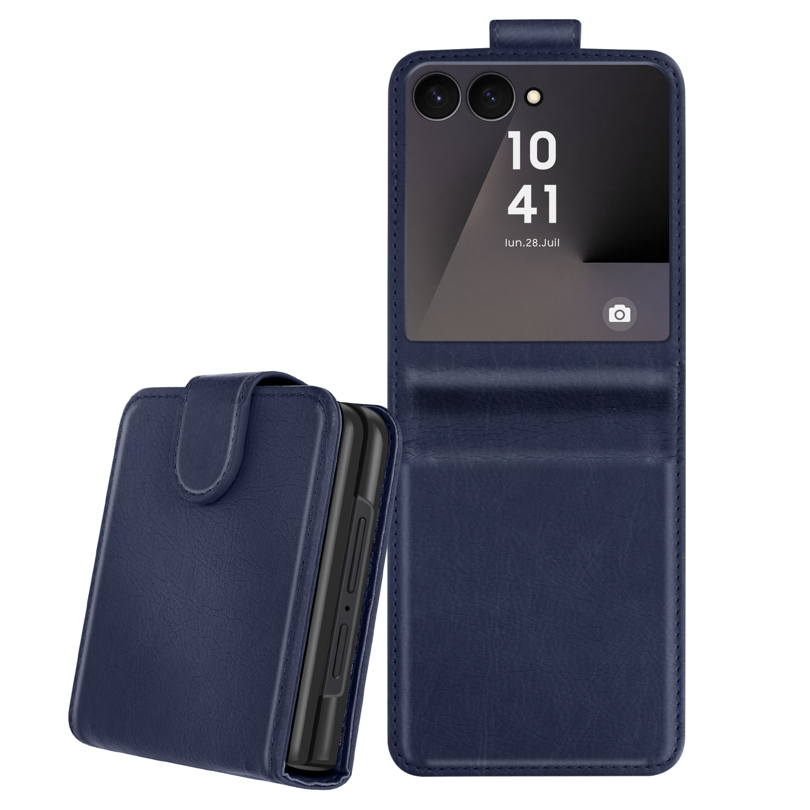 Una custodia blu per telefono è aperta, mostrando lo schermo del telefono. L'ora è 10:41. La custodia è su sfondo bianco.