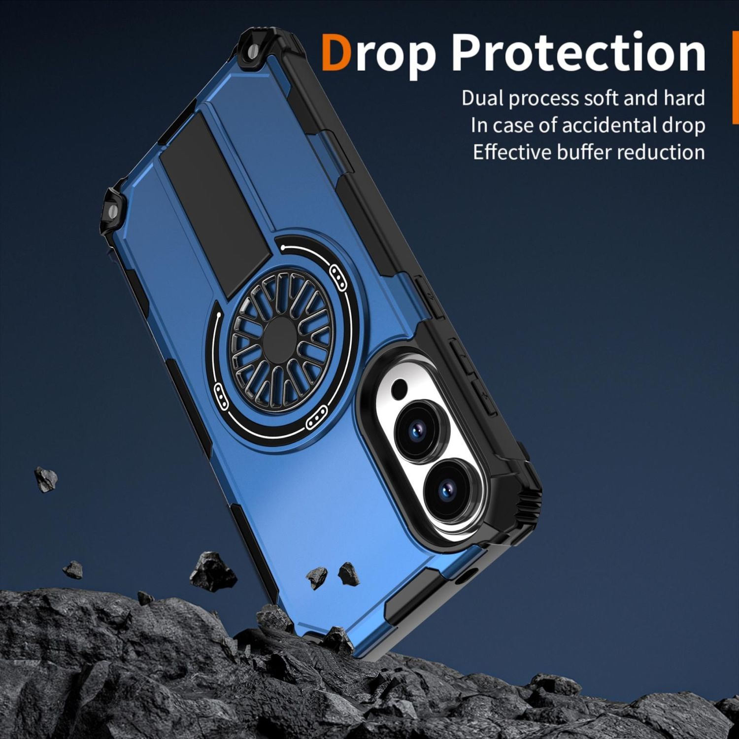Blaue und schwarze Handyhülle mit Ringhalter, abgewinkelt. Text sagt 'Drop Protection'.