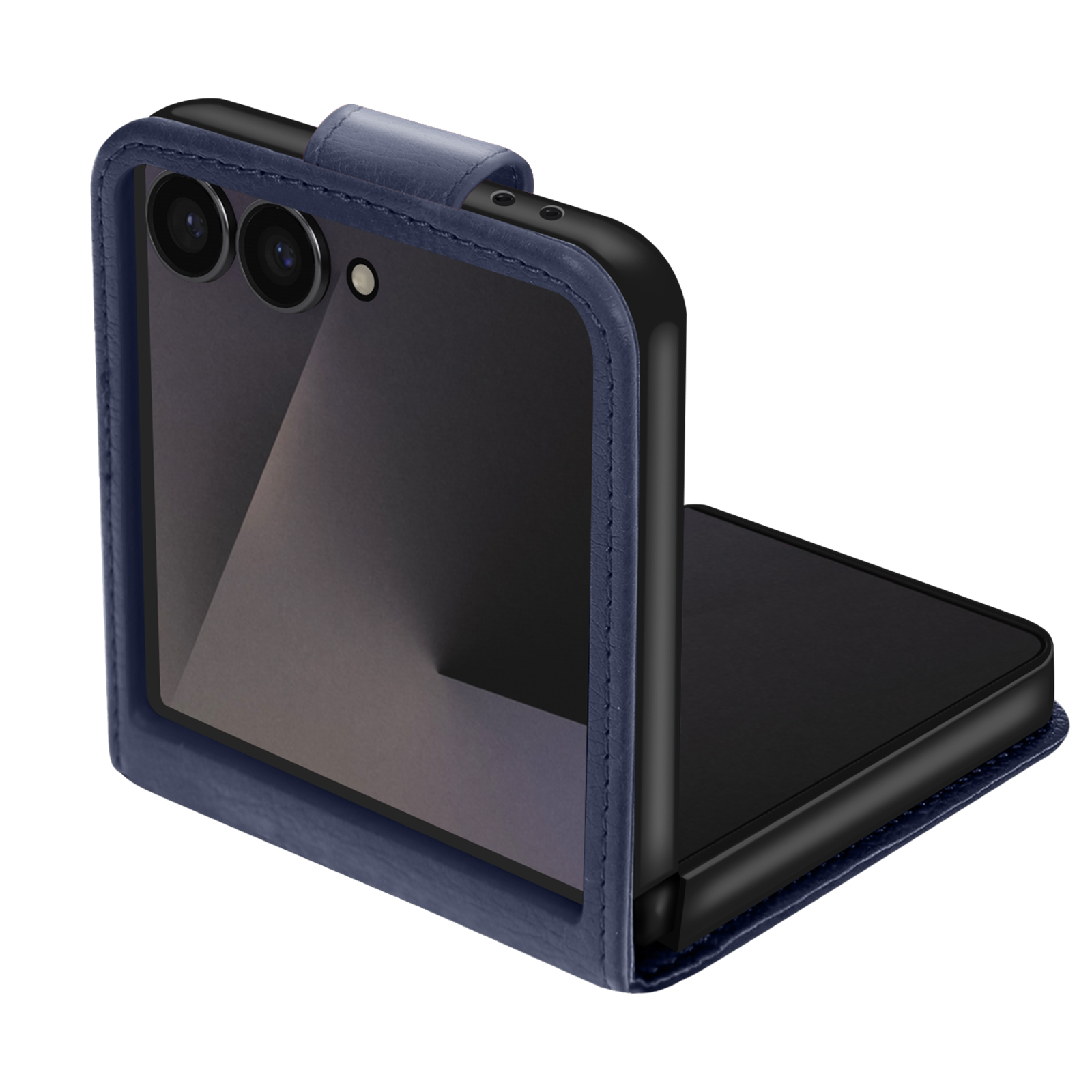 Una custodia blu con un telefono pieghevole all'interno. La custodia è aperta, mostrando lo schermo. La fotocamera del telefono è visibile.