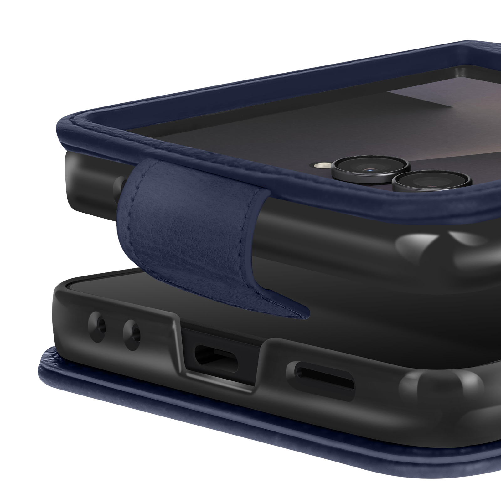 Una custodia per telefono blu scuro è aperta, rivelando un telefono all'interno. La custodia ha un cinturino magnetico e una texture in pelle.