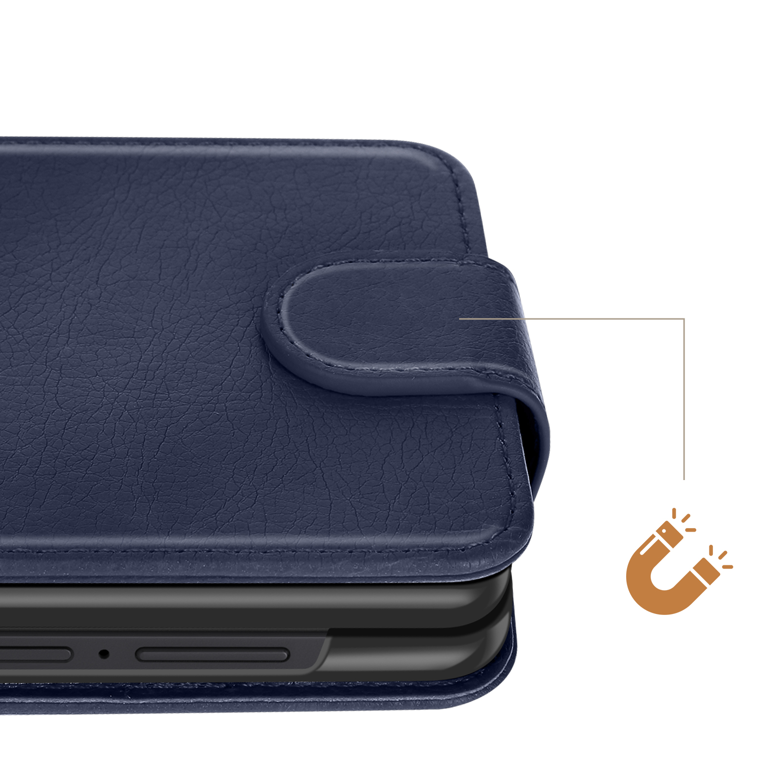 Primo piano di una custodia per telefono in pelle blu scuro con chiusura magnetica. È visualizzata una piccola icona di magnete marrone.