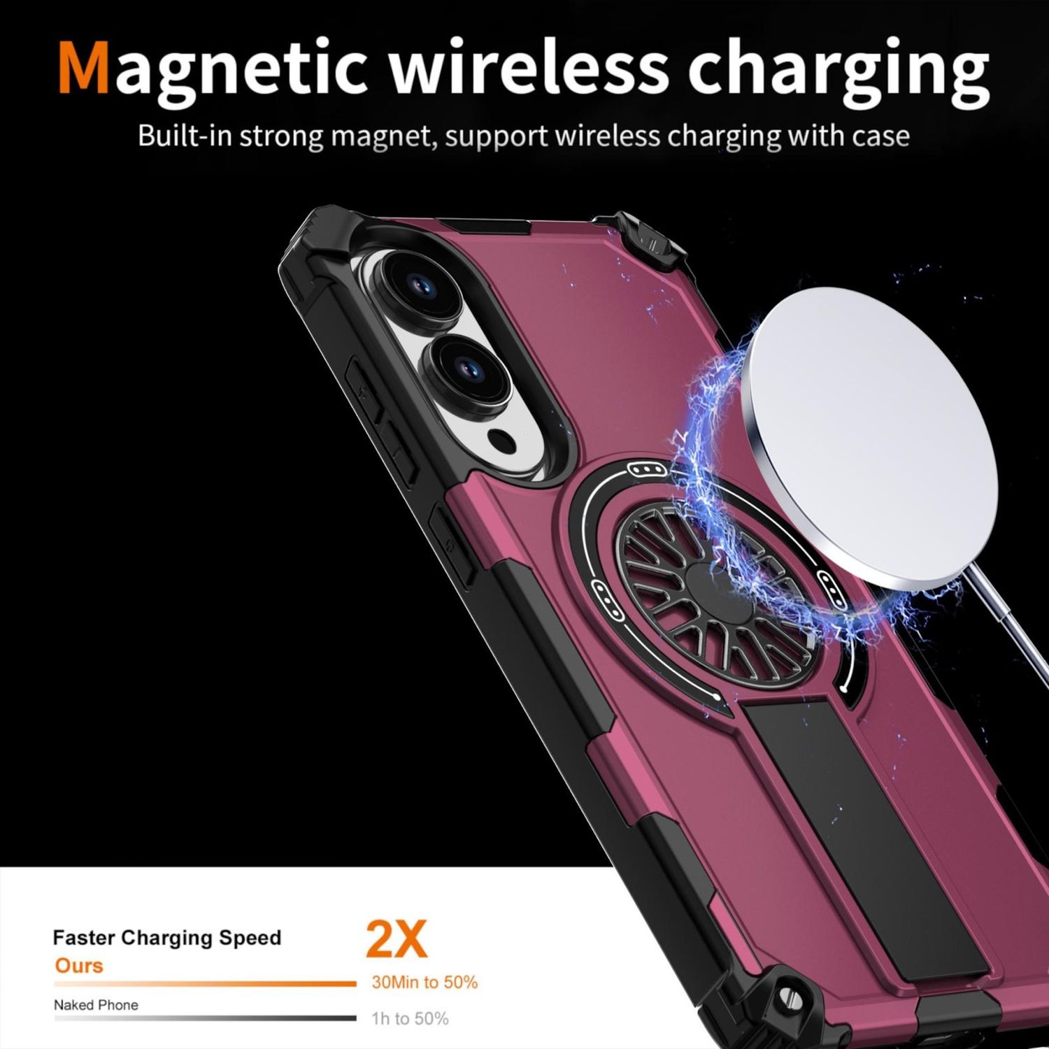 Ein Telefoncase mit magnetischer kabelloser Ladefunktion wird gezeigt. Eine weiße Ladescheibe schwebt über dem Case, mit Blitzen.