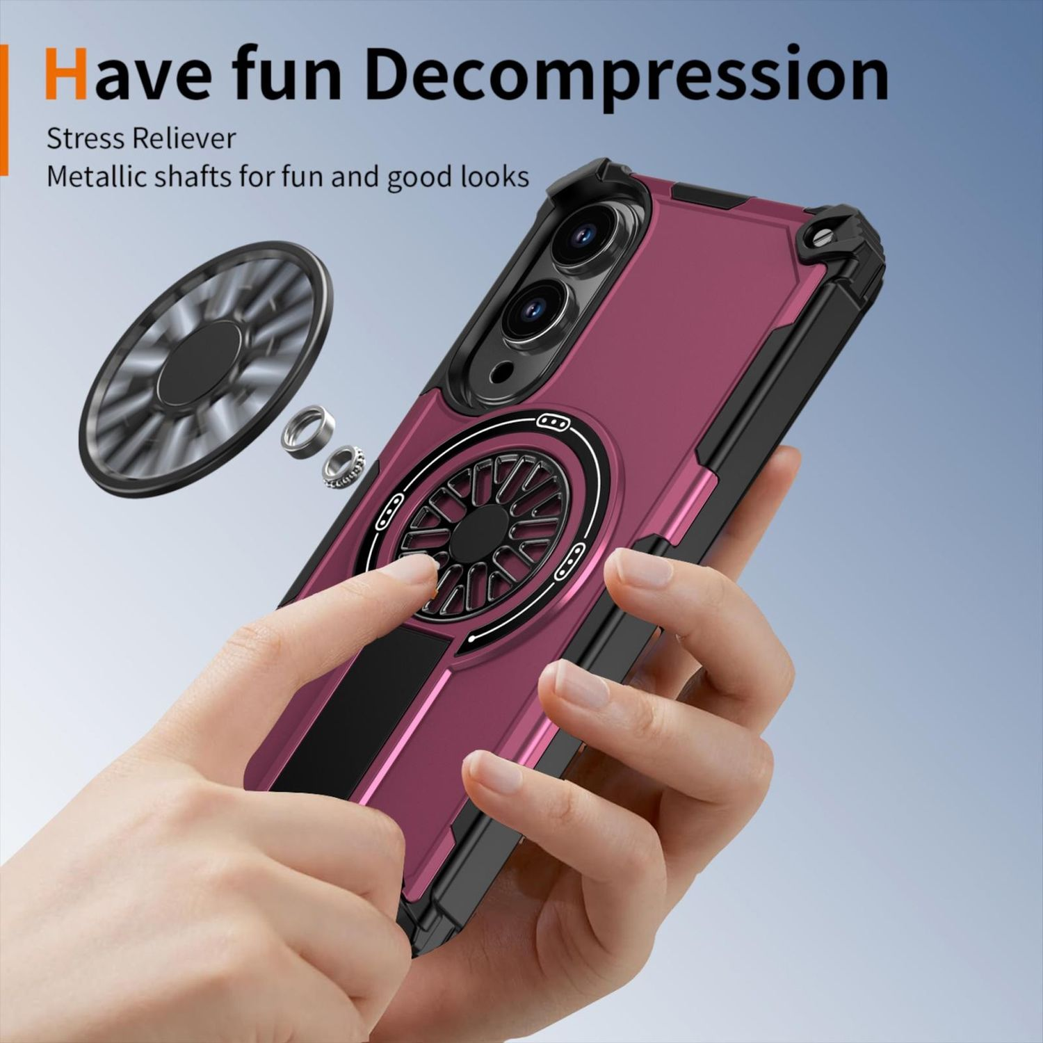Hand hält eine Handyhülle mit eingebautem Spinner. Die Hülle ist lila und schwarz. Text sagt 'Viel Spaß bei der Dekompression'.