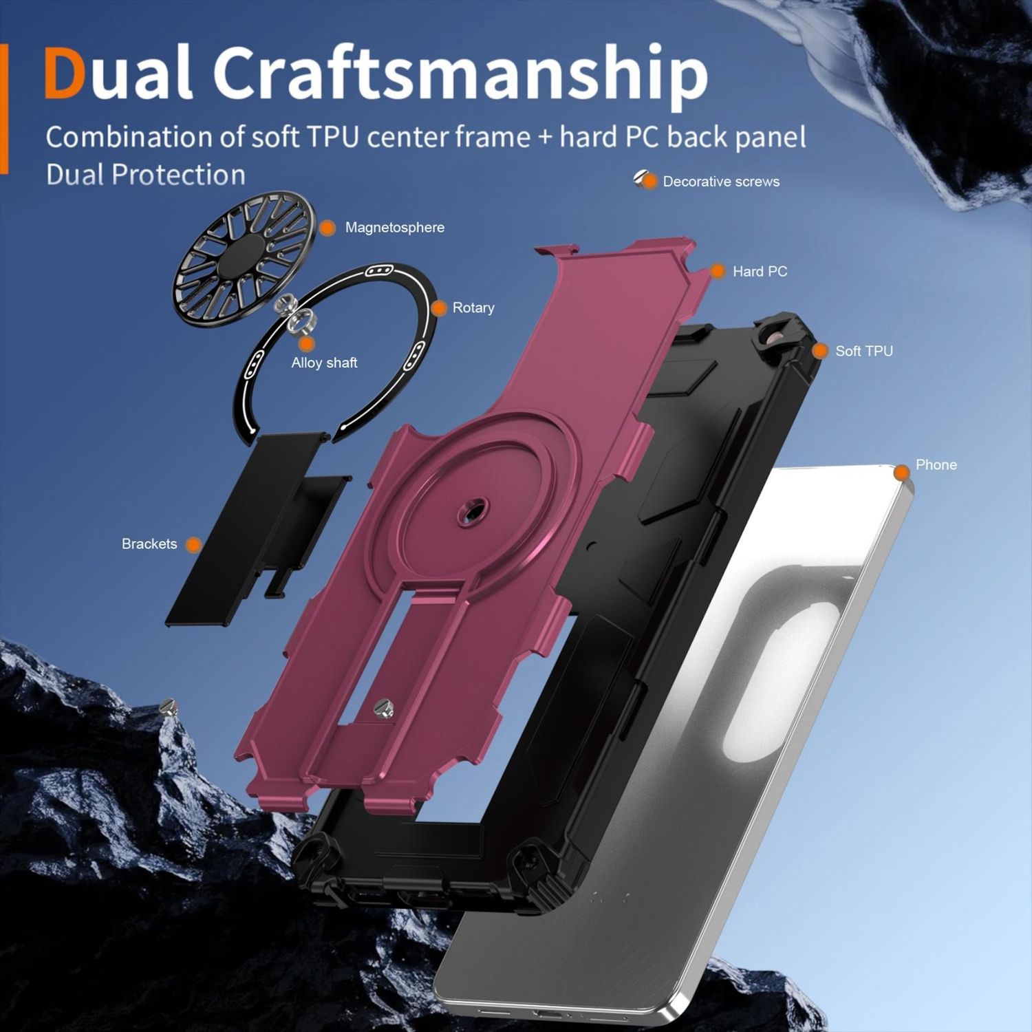 Explosionszeichnung einer Handyhülle mit beschrifteten Komponenten: Soft TPU, Hard PC, Alloy Shaft, Magnetosphäre und Brackets. Die Hülle ist pink und schwarz.