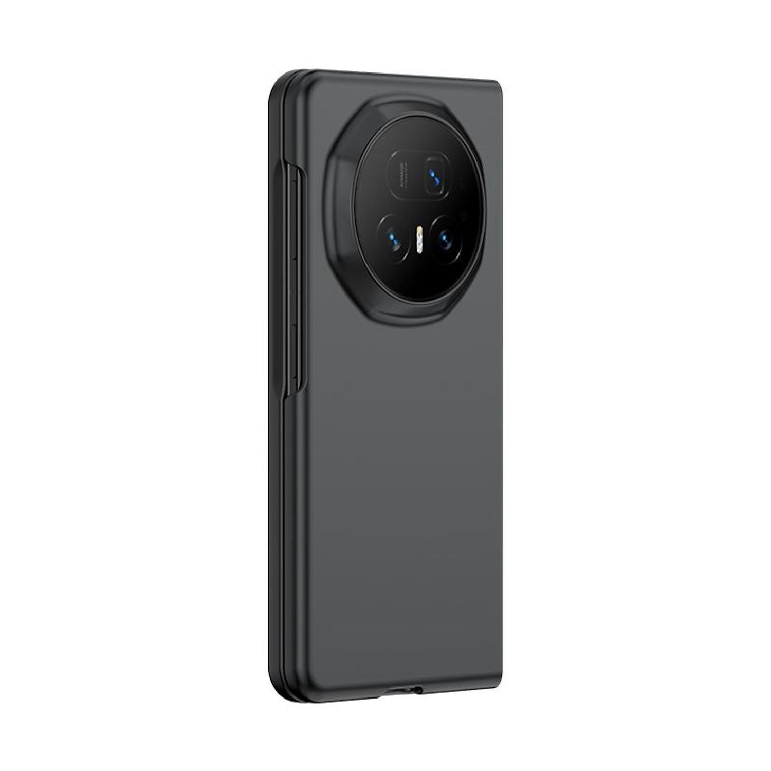 Ein dunkelgraues Smartphone mit Kameraerhöhung. Das Kameramodul hat mehrere Linsen und einen Blitz. Das Telefon befindet sich in einer Schutzhülle.