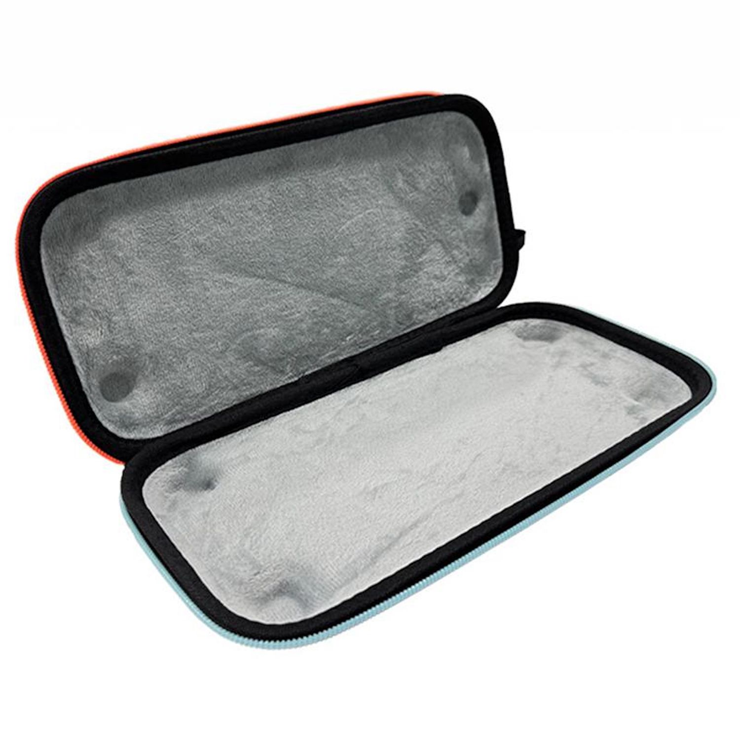 Un estuche rectangular abierto con interior gris y borde negro. El estuche tiene un borde rojo y azul en el exterior.