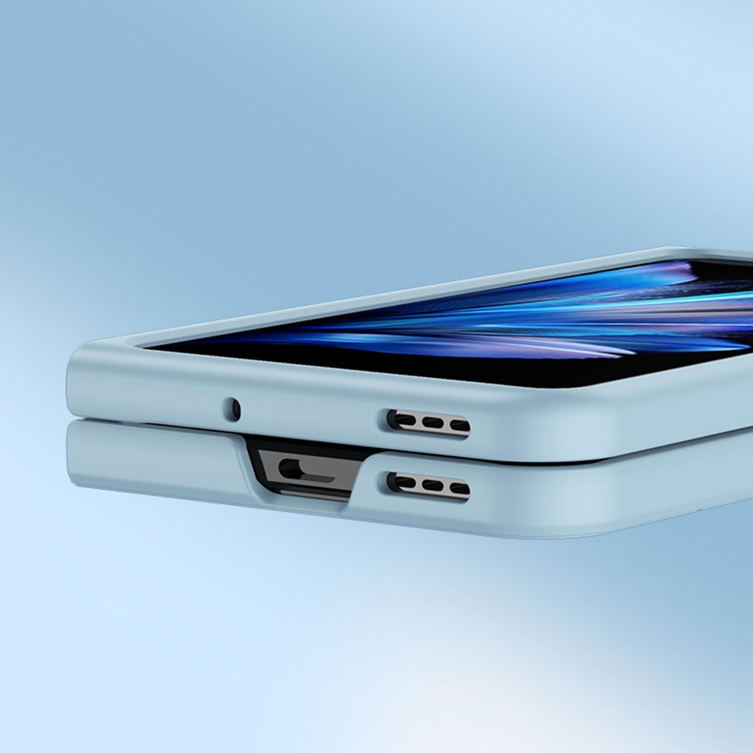 Hellblaue Telefonhülle, teilweise geöffnet, mit einem Bildschirm, der blaue Streifen zeigt. Der Hintergrund ist ein blauer Farbverlauf.