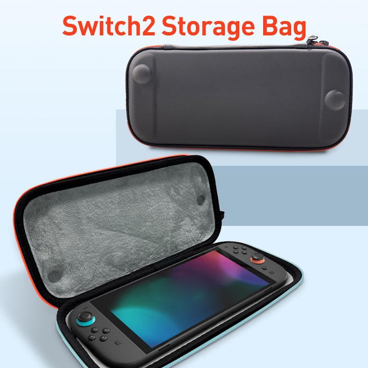 La imagen muestra una bolsa de almacenamiento Switch2. La bolsa está abierta, mostrando una consola Switch. Otra bolsa cerrada está arriba.