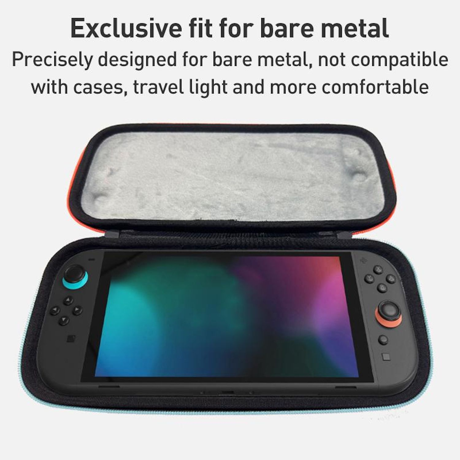 Una consola Switch negra en una funda. La funda está abierta, revelando la consola. El texto en la parte superior dice "Ajuste exclusivo para metal desnudo".