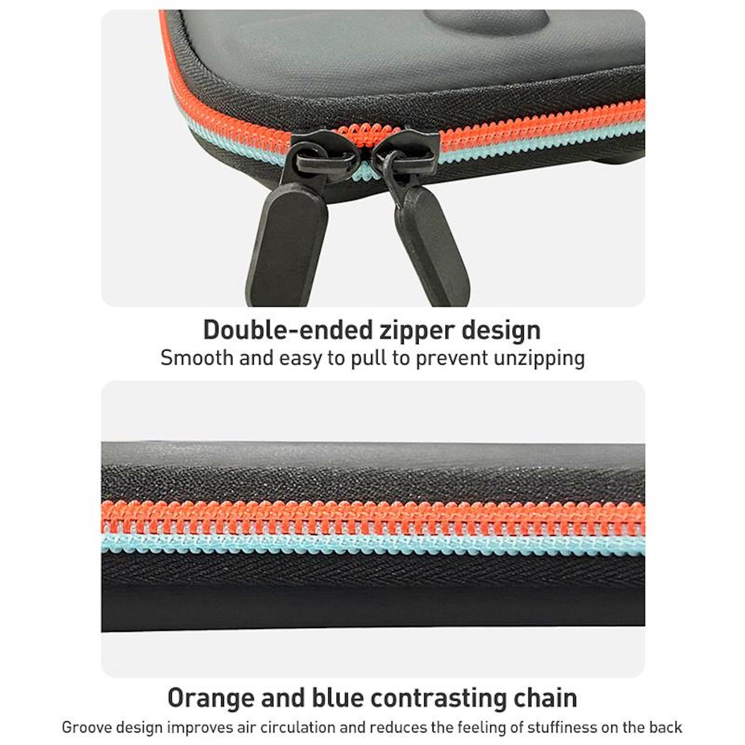 Primer plano de una funda con cremallera de doble extremo. La cremallera tiene una cadena en contraste naranja y azul. La funda es gris y negra.