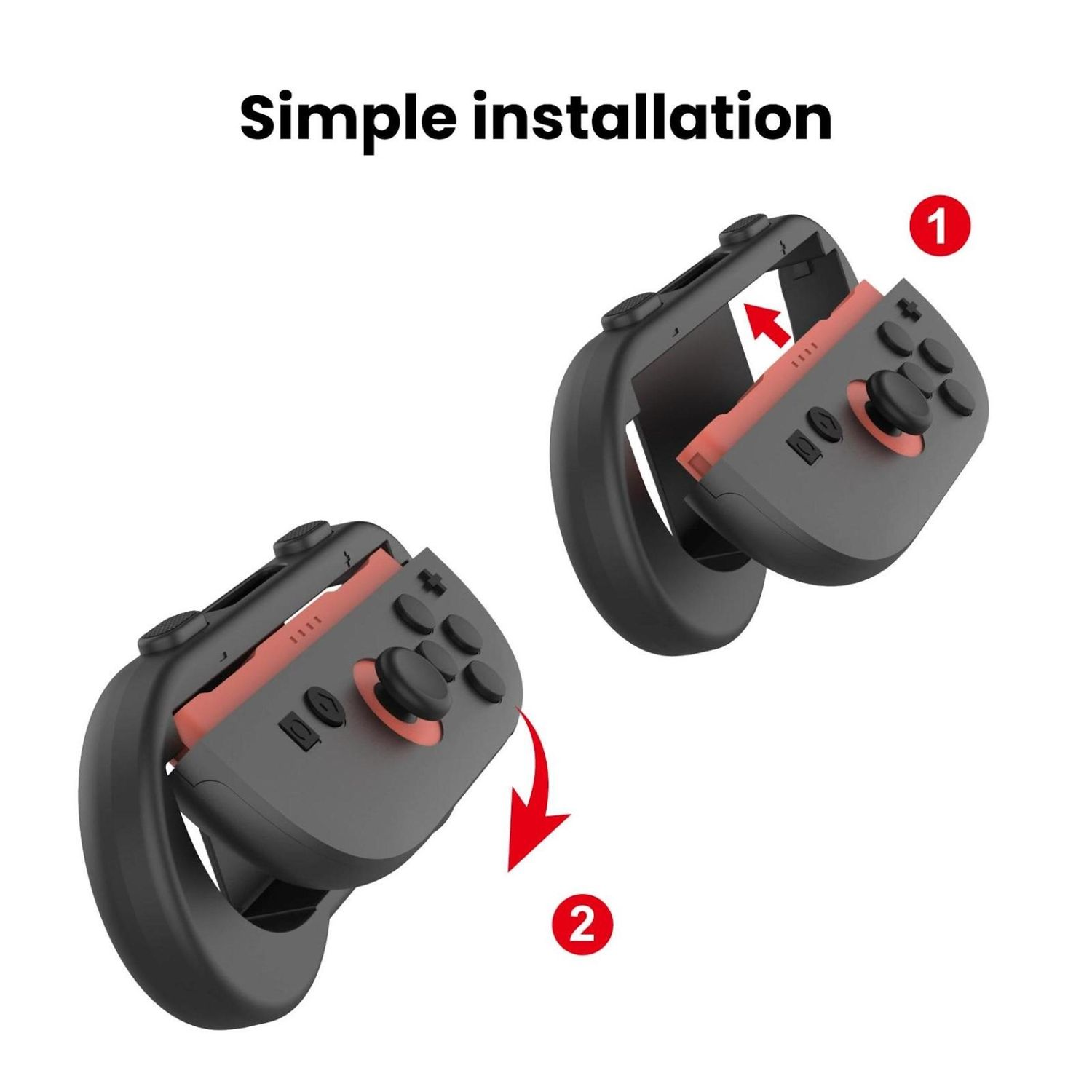 Illustration, die eine einfache Installation zeigt. Ein Controller wird in einen schwarzen Griff eingesetzt. Nummerierte Schritte zeigen den Vorgang.