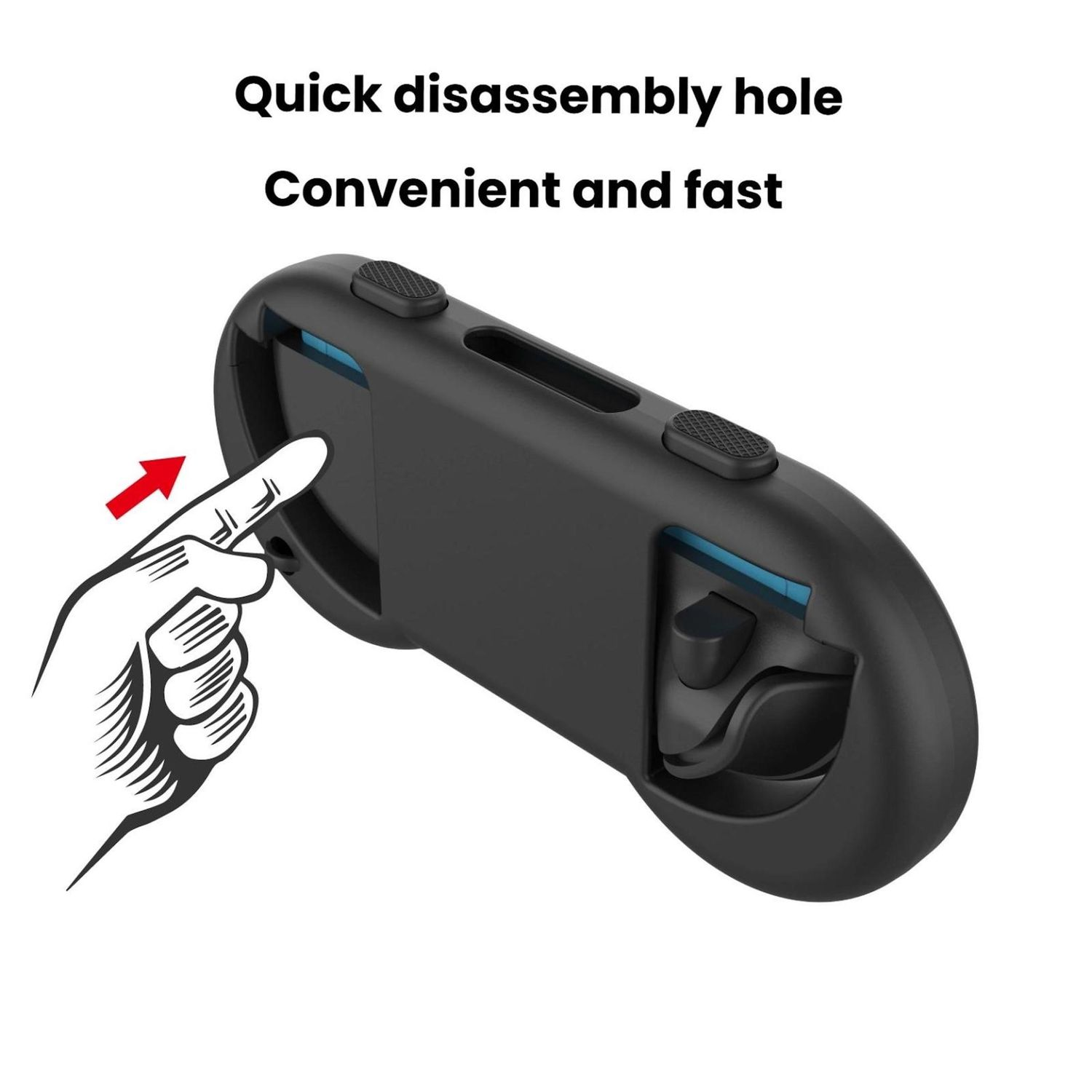 Schwarzer Gamecontroller mit Text: 'Schnelles Demontageloch. Bequem und schnell.' Eine Hand zeigt mit einem Pfeil.