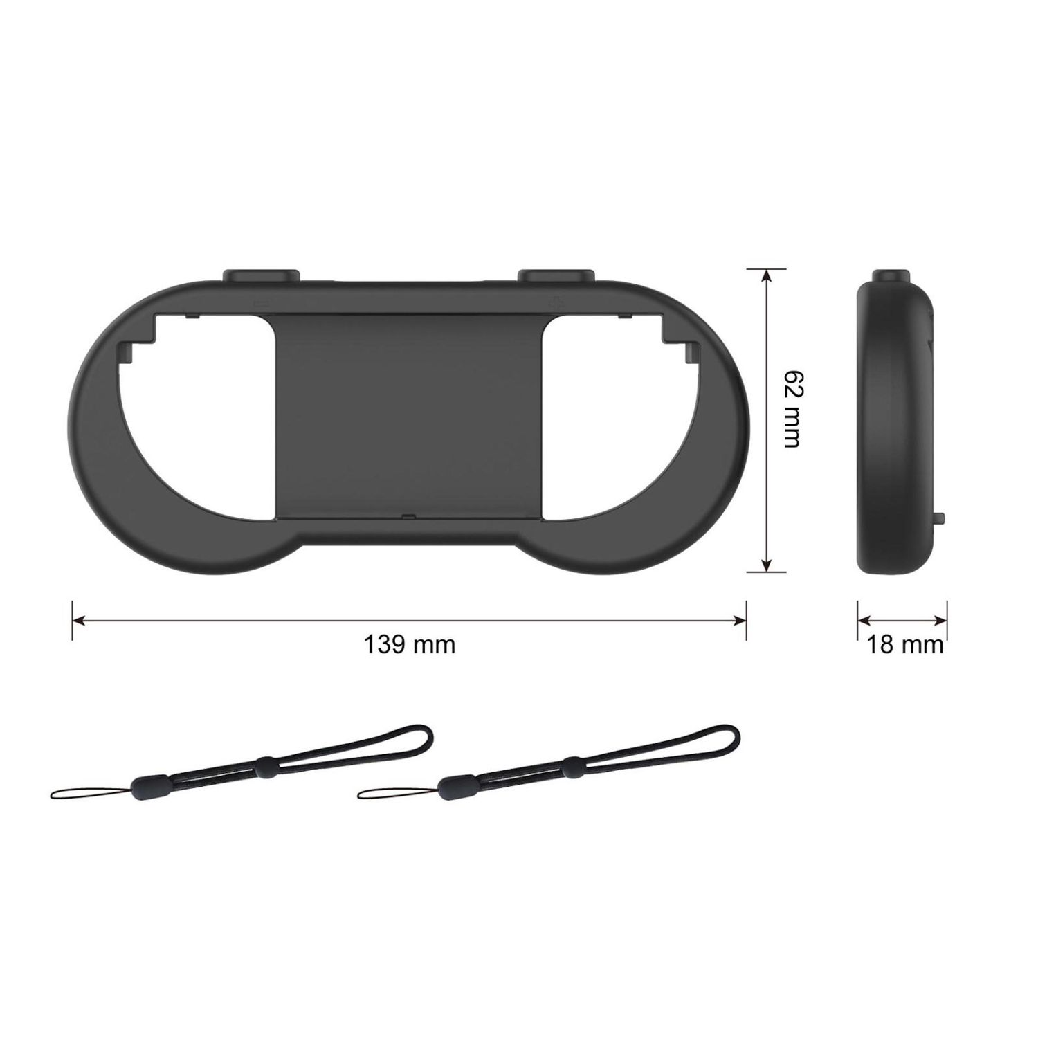 Schwarzes VR-Headset-Zubehör mit Maßangaben. Unten sind zwei Handschlaufen. Maße: 139 mm, 62 mm, 18 mm.