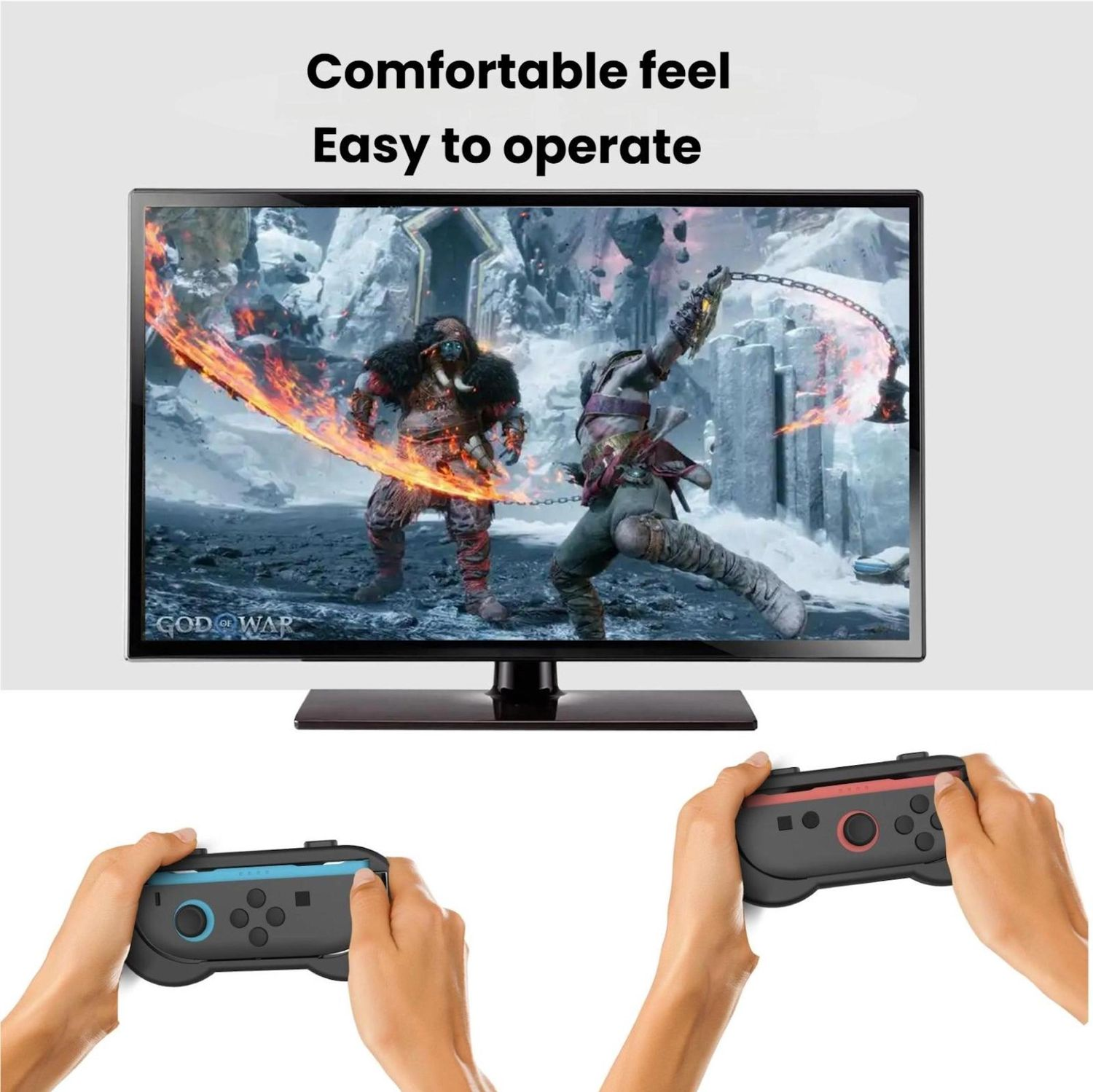 Hände halten graue Gamecontroller, ein Fernseher zeigt eine Spielszene mit Charakteren und Text mit 'Angenehmes Gefühl' und 'Einfach zu bedienen'.