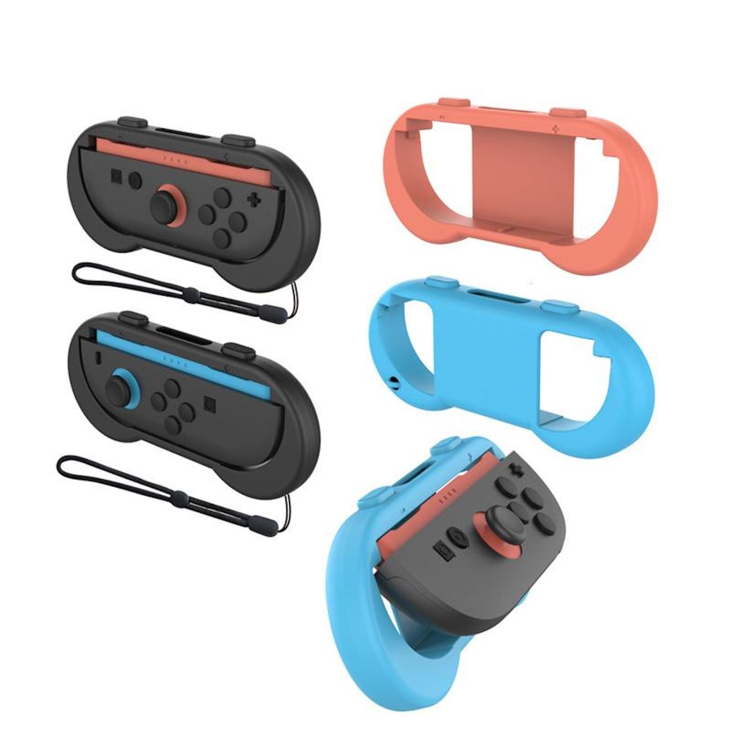 Das Bild zeigt schwarze und blaue Gamecontroller-Hüllen mit orangefarbenen und blauen Rahmen. Die Controller haben Knöpfe und Handschlaufen.