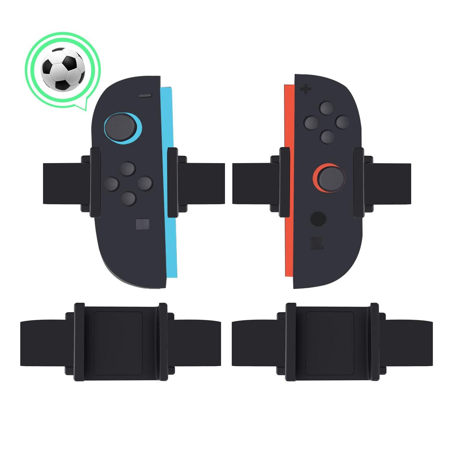 Zwei schwarze Gamecontroller mit blauen und orangen Seiten. Oben links befindet sich ein Fußballsymbol.