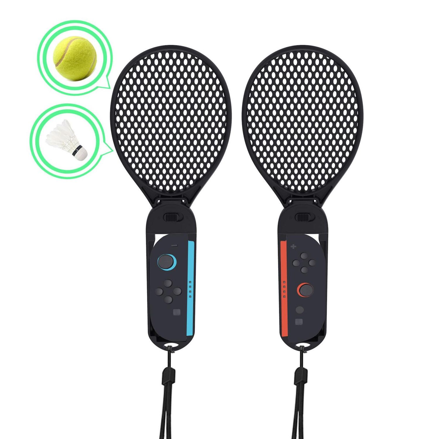 Zwei schwarze Tennis- oder Badmintonschläger mit Spielcontrollern. Ein Tennisball und ein Federball werden auf der Seite gezeigt.