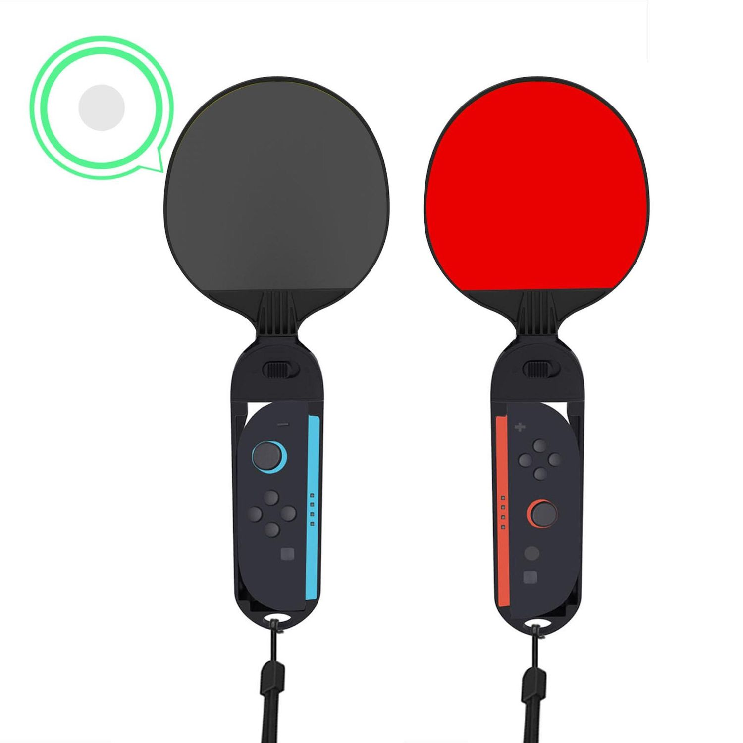 Zwei Gamecontroller, die an Tischtennisschläger erinnern. Einer schwarz und einer rot, mit blauen und orangen Akzenten an den Griffen und Handschlaufen.