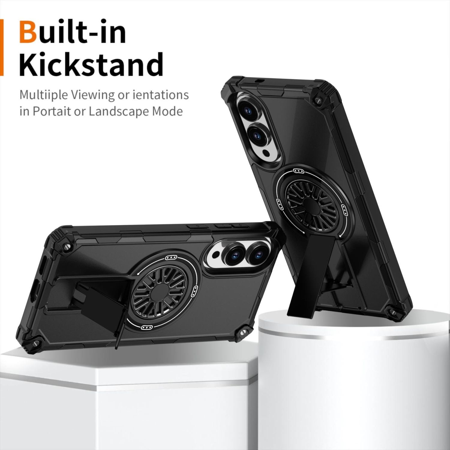 Schwarze Handyhüllen mit integrierten Ständern. Einer steht, der andere liegt flach. Der Text lautet: 'Built-in Kickstand'.