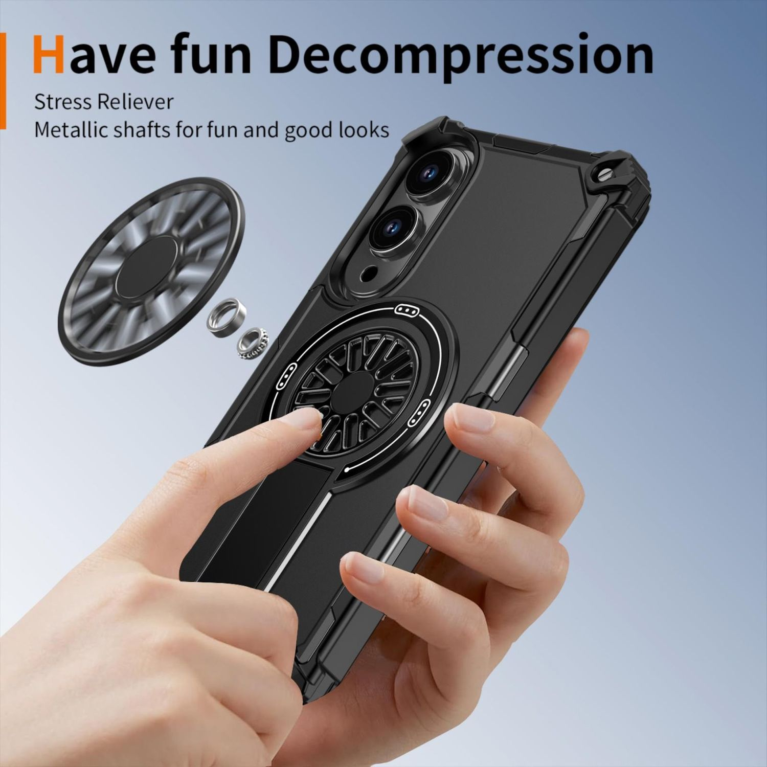 Eine Person hält eine schwarze Handyhülle mit einem Fidget Spinner-Element. Die Hülle hat Kameraausschnitte und einen Fingergriff.