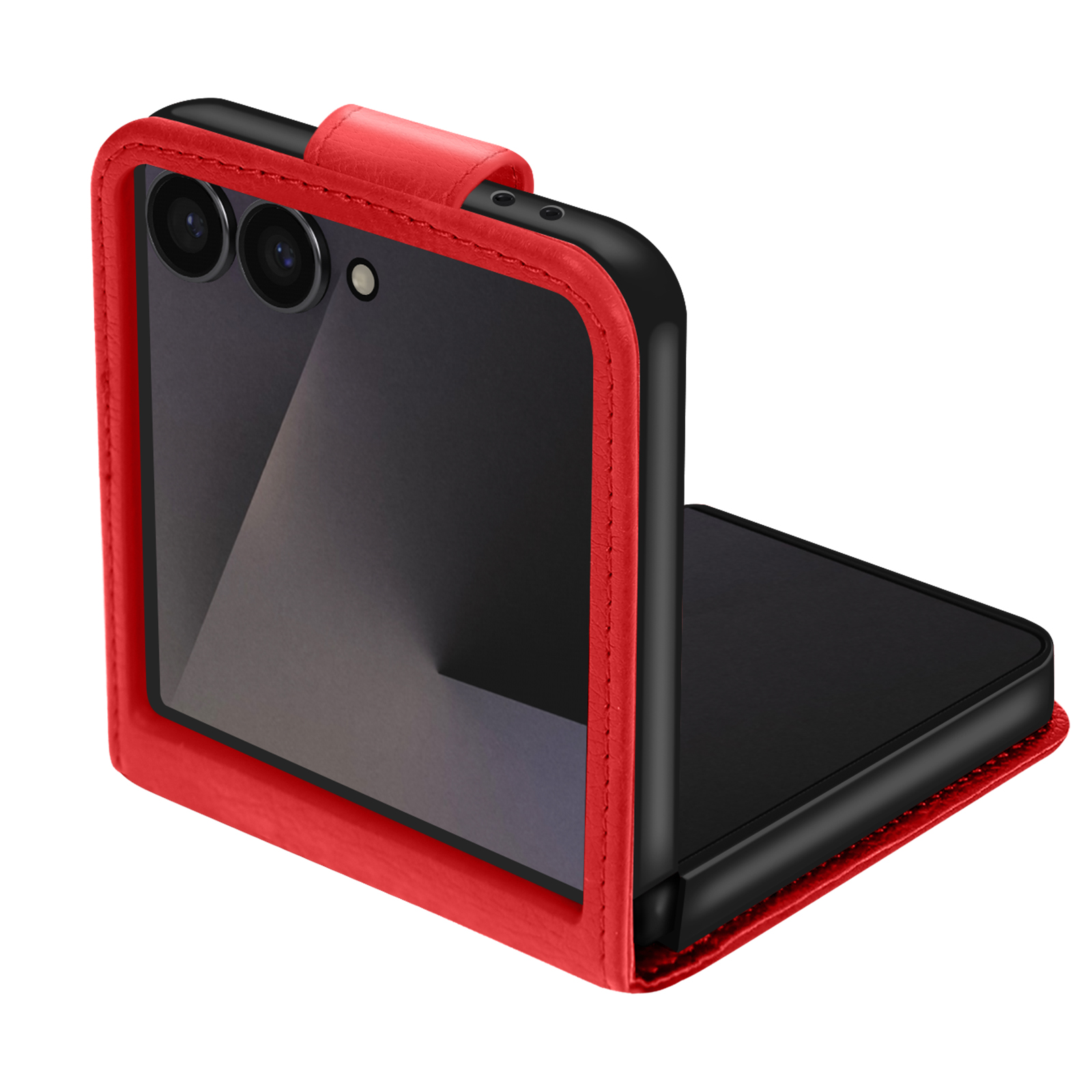Un telefono pieghevole nero in una custodia rossa. Il telefono è parzialmente aperto, con una fotocamera visibile. La custodia ha un bordo cucito.