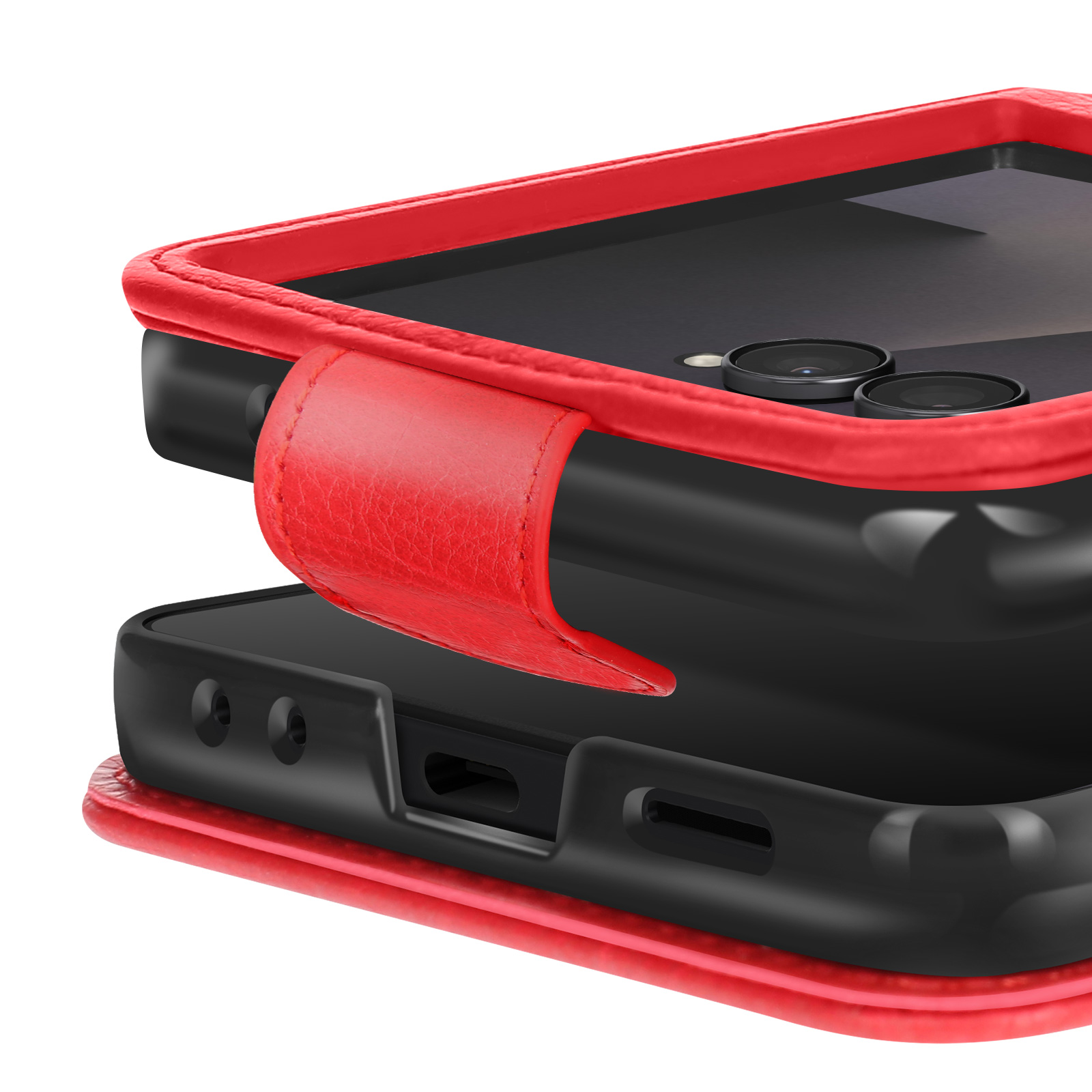 Primo piano di una custodia per telefono con cornice in pelle rossa e interno nero, che rivela le lenti della fotocamera del telefono.