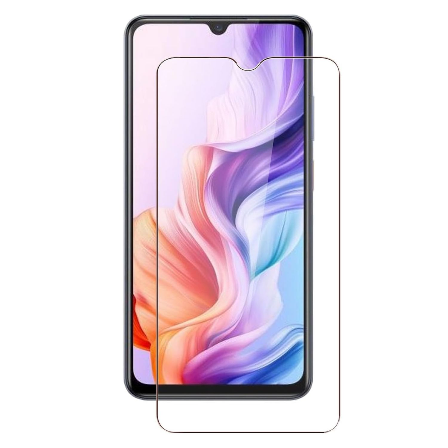 Smartphone mit angebrachtem Displayschutz. Der Bildschirm zeigt ein abstraktes Design mit lila, orange und blauen Farben.