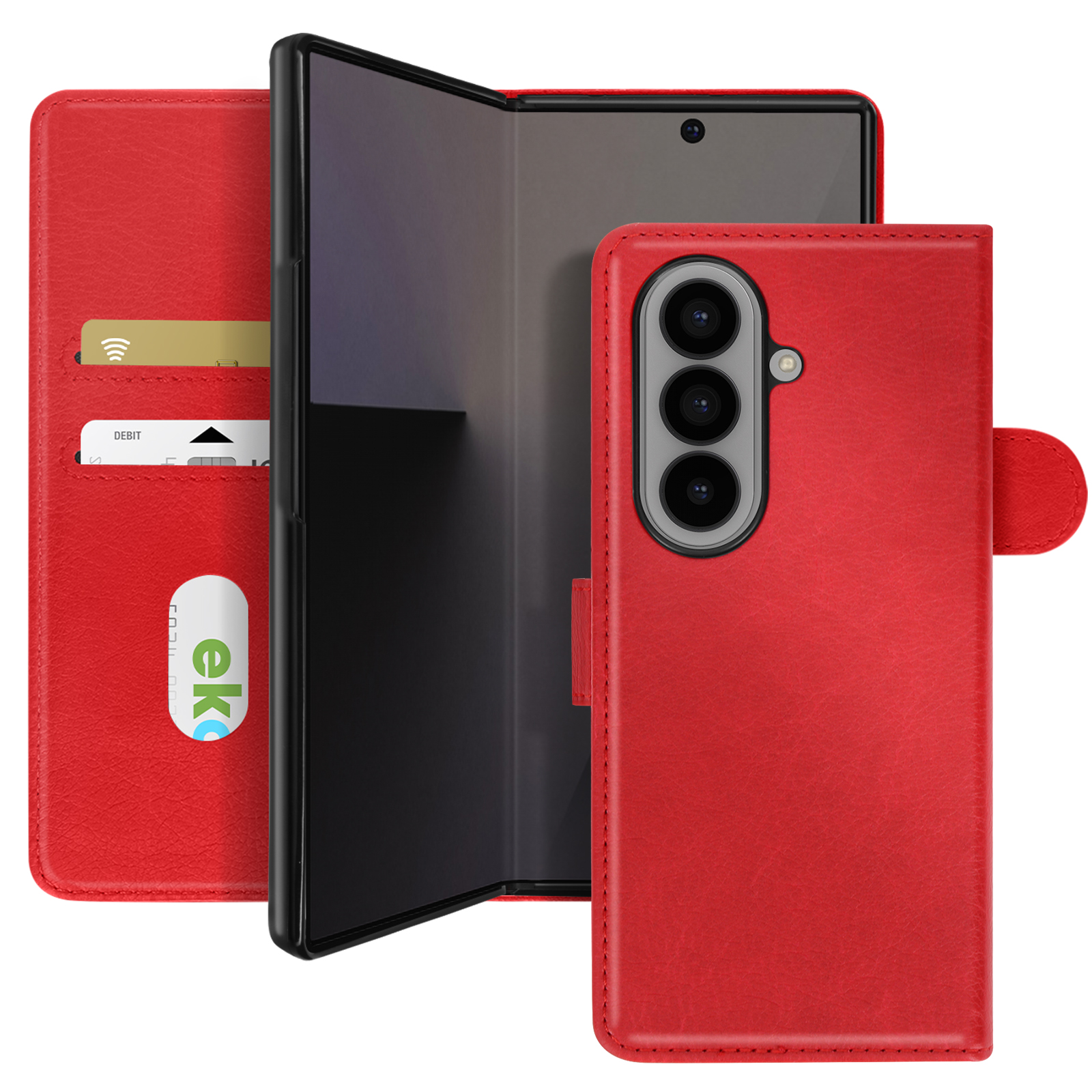 Custodia rossa per telefono con slot per carte, aperta per rivelare un telefono. Il telefono ha tre lenti.
