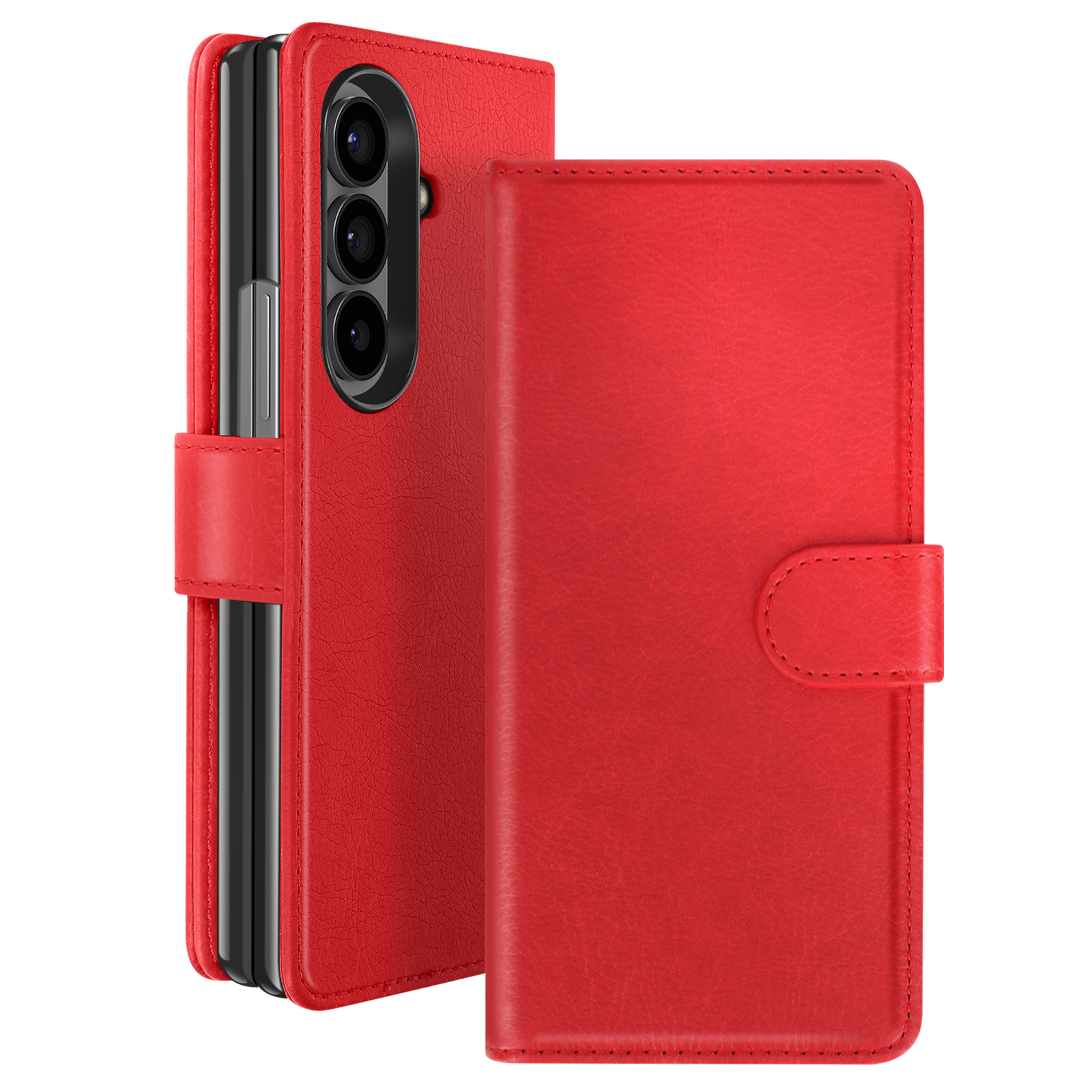 Custodia rossa per telefono con telefono all'interno. La custodia è aperta, mostrando le lenti della fotocamera del telefono.