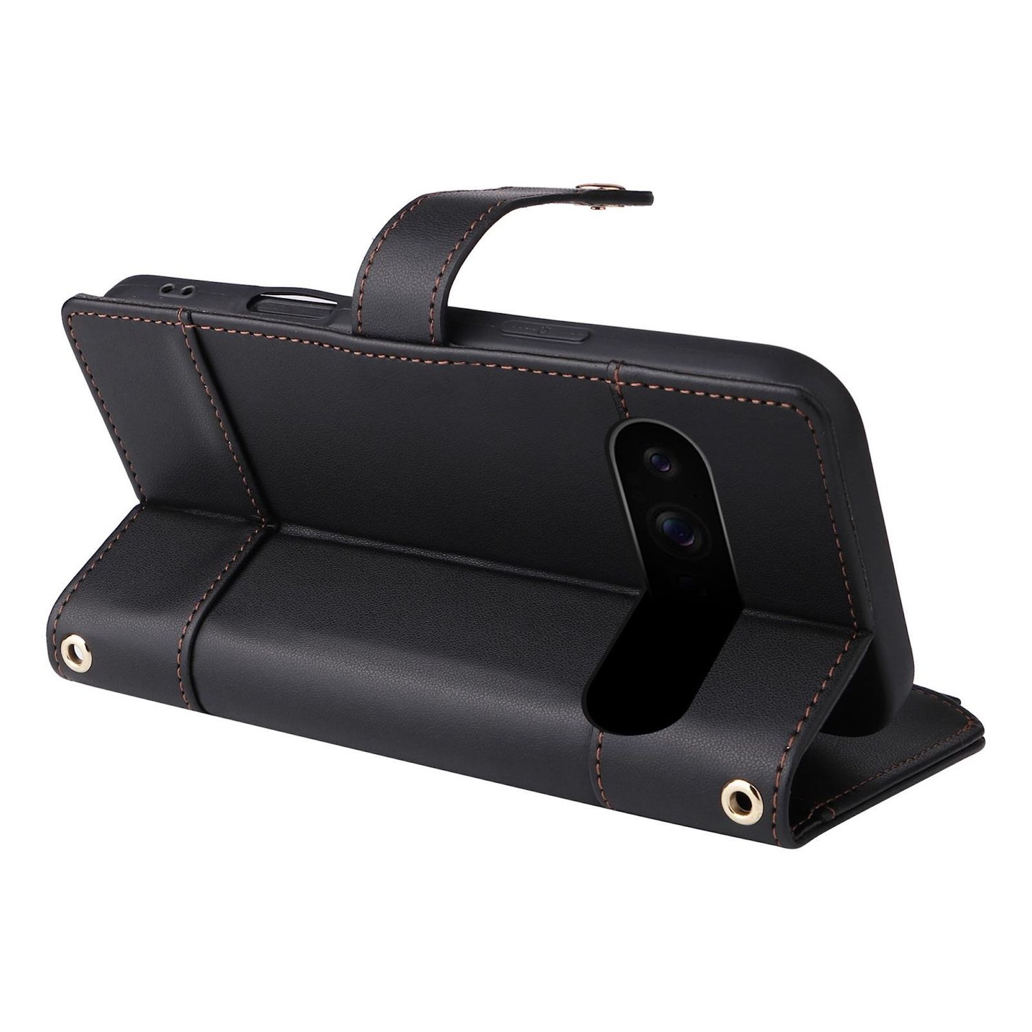 Eine schwarze Leder-Handyhülle ist geöffnet und zeigt ein Telefon. Braune Nähte und ein Riemen mit Verschluss sind sichtbar. Der Hintergrund ist weiß.