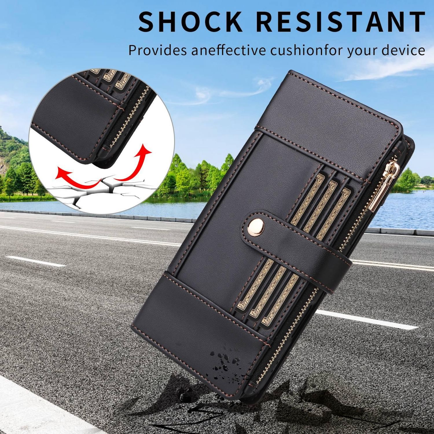 Eine schwarze Ledergeldbörse mit Reißverschluss liegt auf einer Straße. Die Brieftasche wird als stoßfest beworben und bietet eine Polsterung.