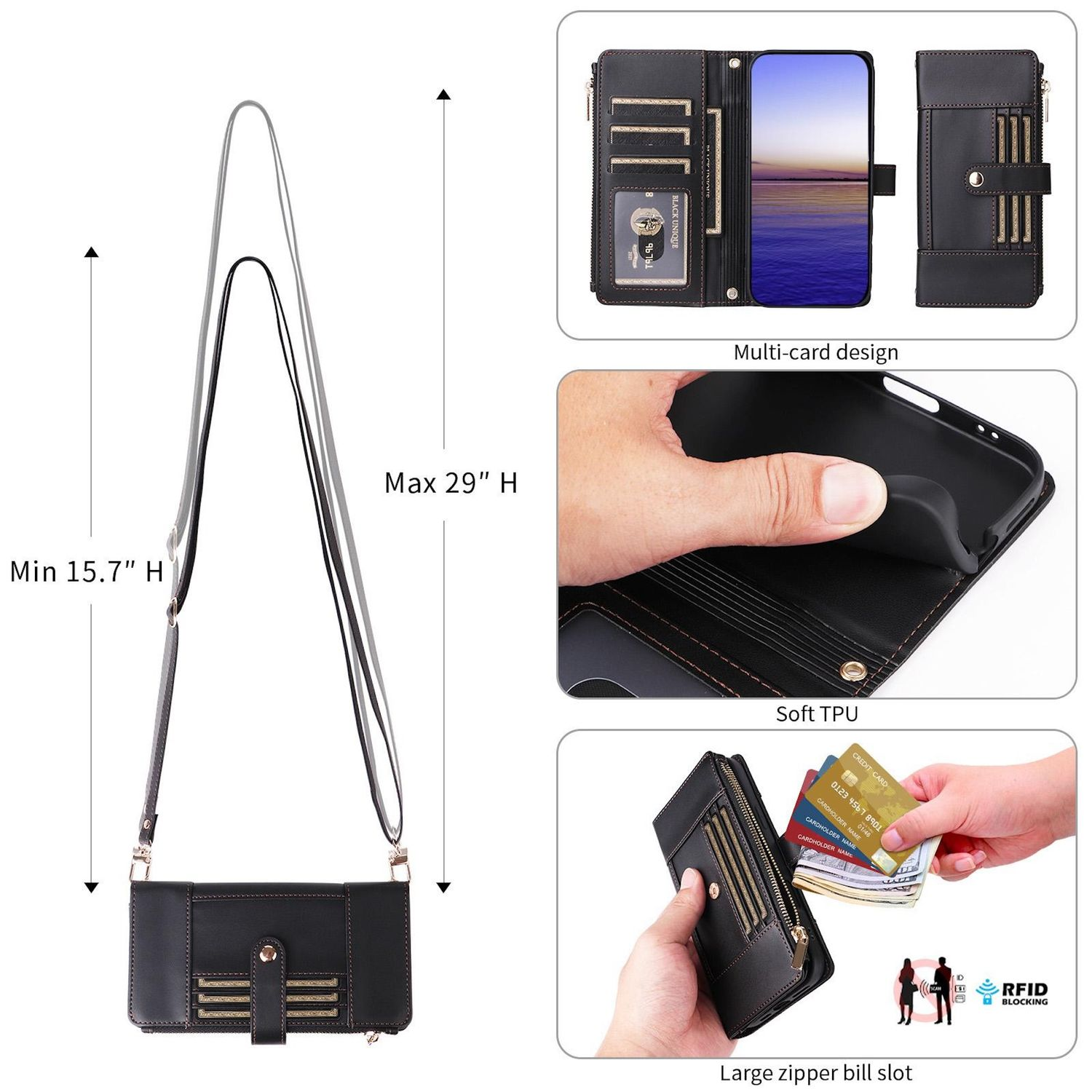 Schwarze Telefontasche mit Riemen. Enthält mehrere Kartenfächer, ein großes Reißverschlussfach und RFID-Schutz. Verfügt über ein Multi-Karten-Design.