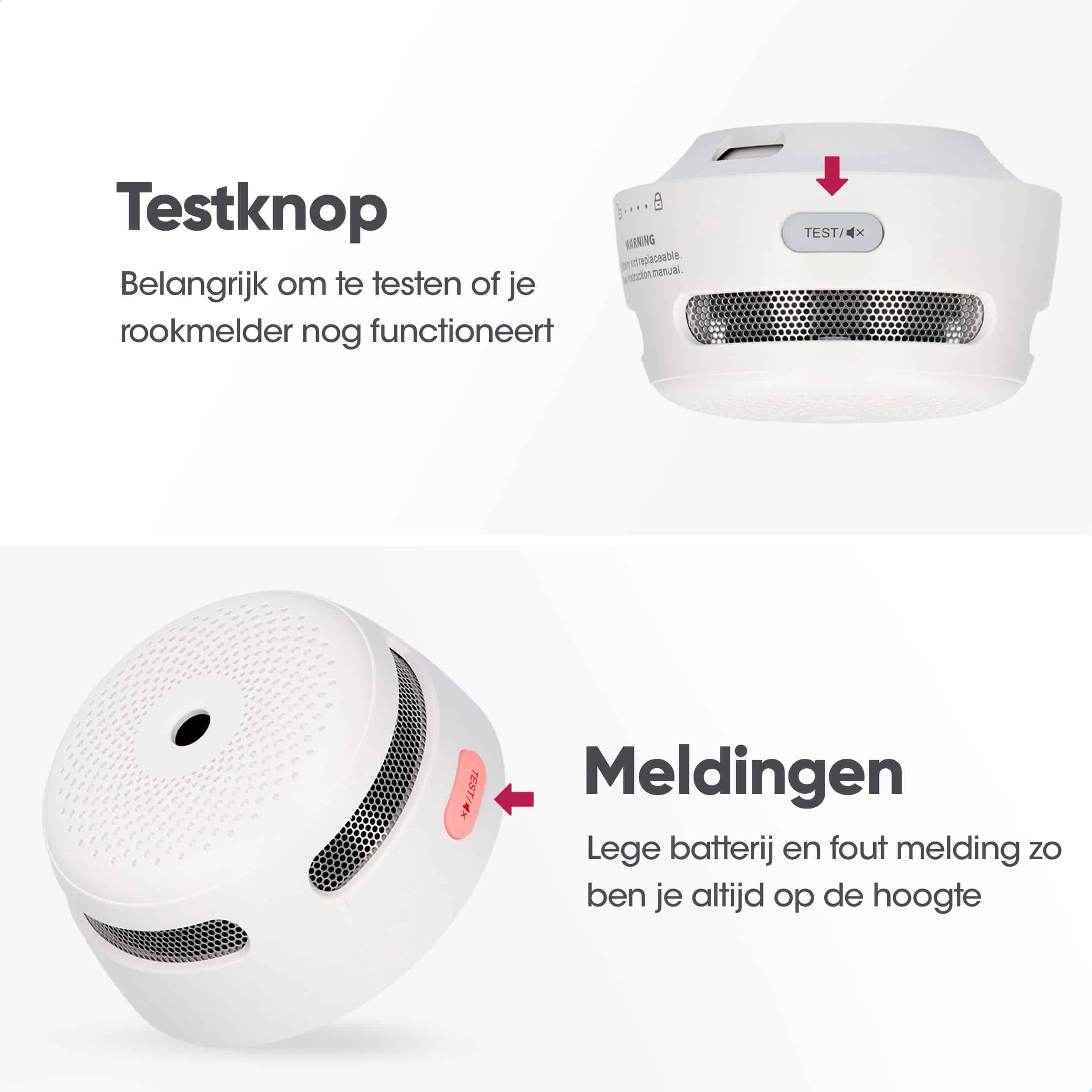 Das Bild zeigt einen weißen Rauchmelder mit Textbeschriftungen und einer Testtaste.
