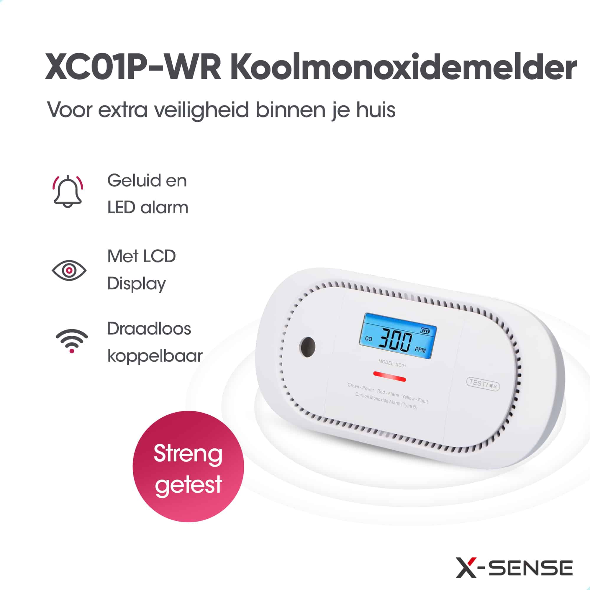 Weißer Kohlenmonoxid-Detektor mit LCD-Anzeige, die 300 PPM anzeigt. Er hat einen Ton- und LED-Alarm. Getestet und drahtlos.