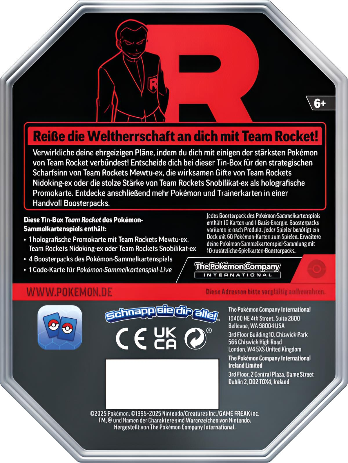 Eine Team Rocket Pokémon-Tinbox. Sie hat rote und schwarze Farben. Die Box hat Text über Pokémon-Karten und Team Rocket.