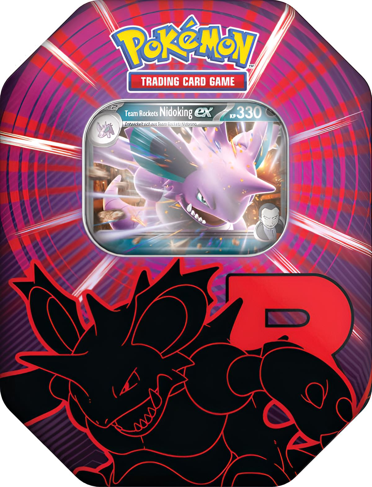 Pokémon-Sammelkarten-Dose mit Nidoking EX. Sie hat ein rot-lila Design mit Team Rocket-Logo.