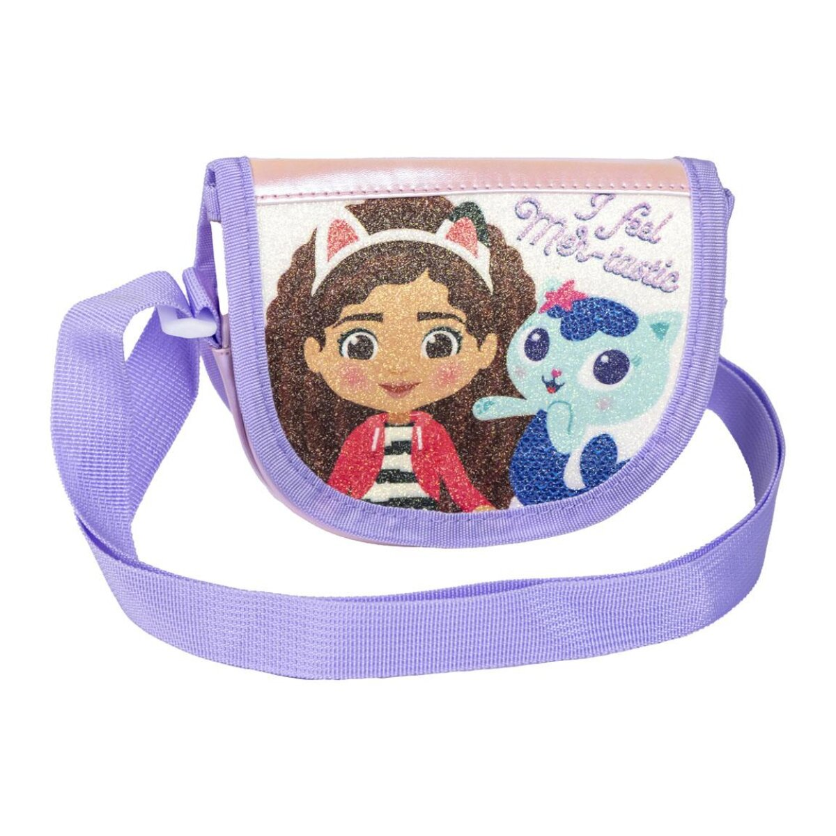 Un bolso infantil con una imagen de dibujos animados de una niña y un gato azul. El bolso es de color morado claro con una parte superior rosa.