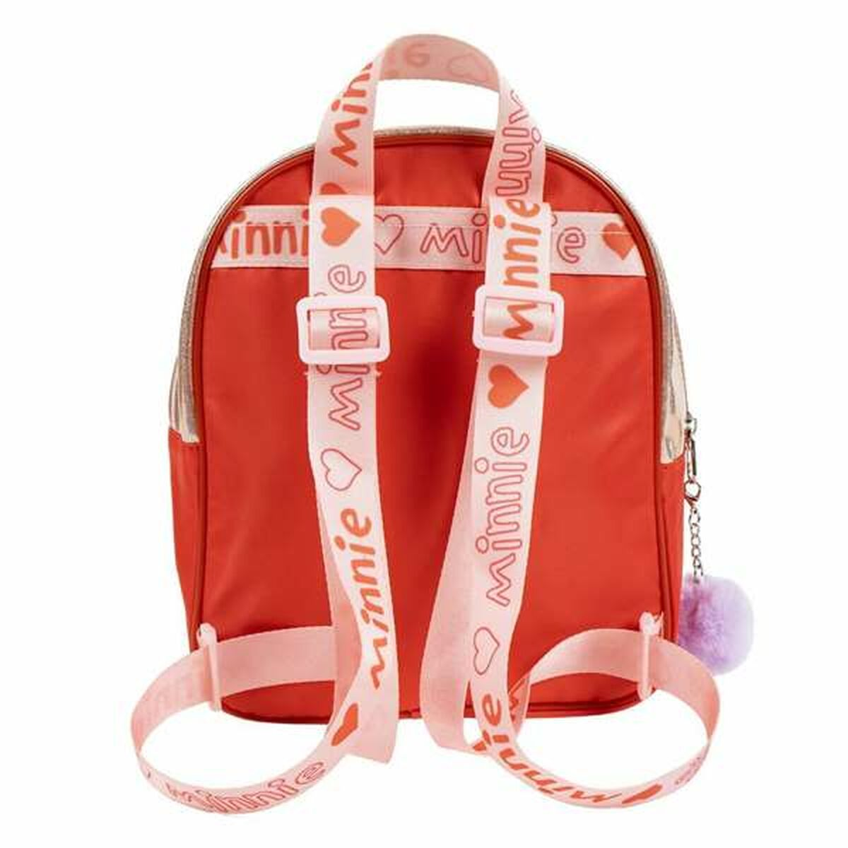 Roter Rucksack mit Minnie Mouse-Trägern. Rosa Träger mit Minnie-Text und Herzen. Lila Pompon-Anhänger am Reißverschluss befestigt.