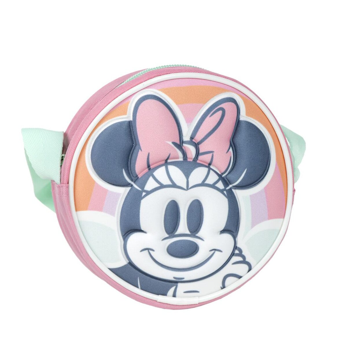 Una bolsa redonda rosa con la cara de Minnie Mouse. La bolsa tiene un lazo rosa, orejas grises y una correa verde claro. El fondo es blanco.