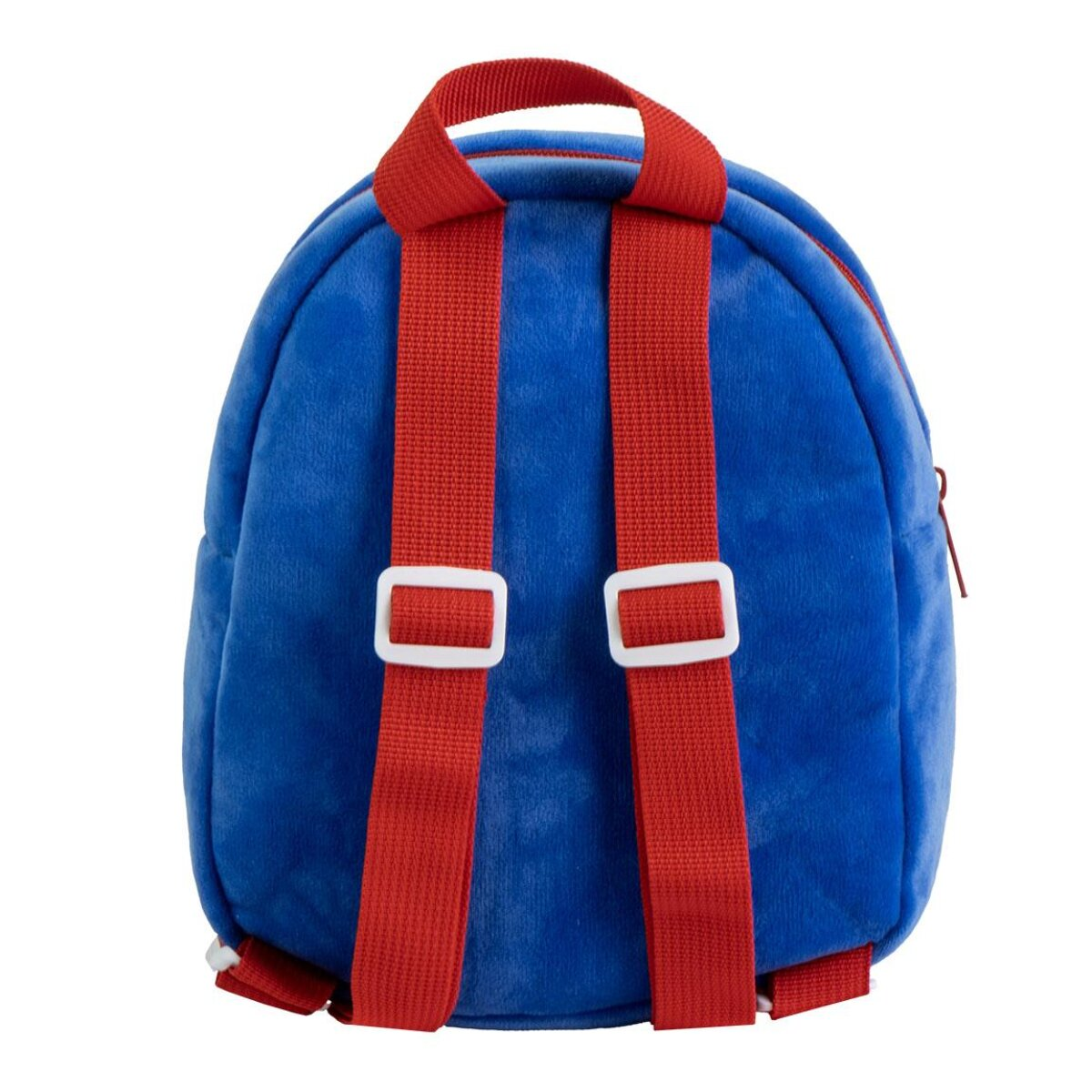 Ein blauer Rucksack mit roten Trägern und weißen Schnallen. Die Träger befinden sich auf der Rückseite der Tasche. Die Tasche befindet sich auf weißem Hintergrund.