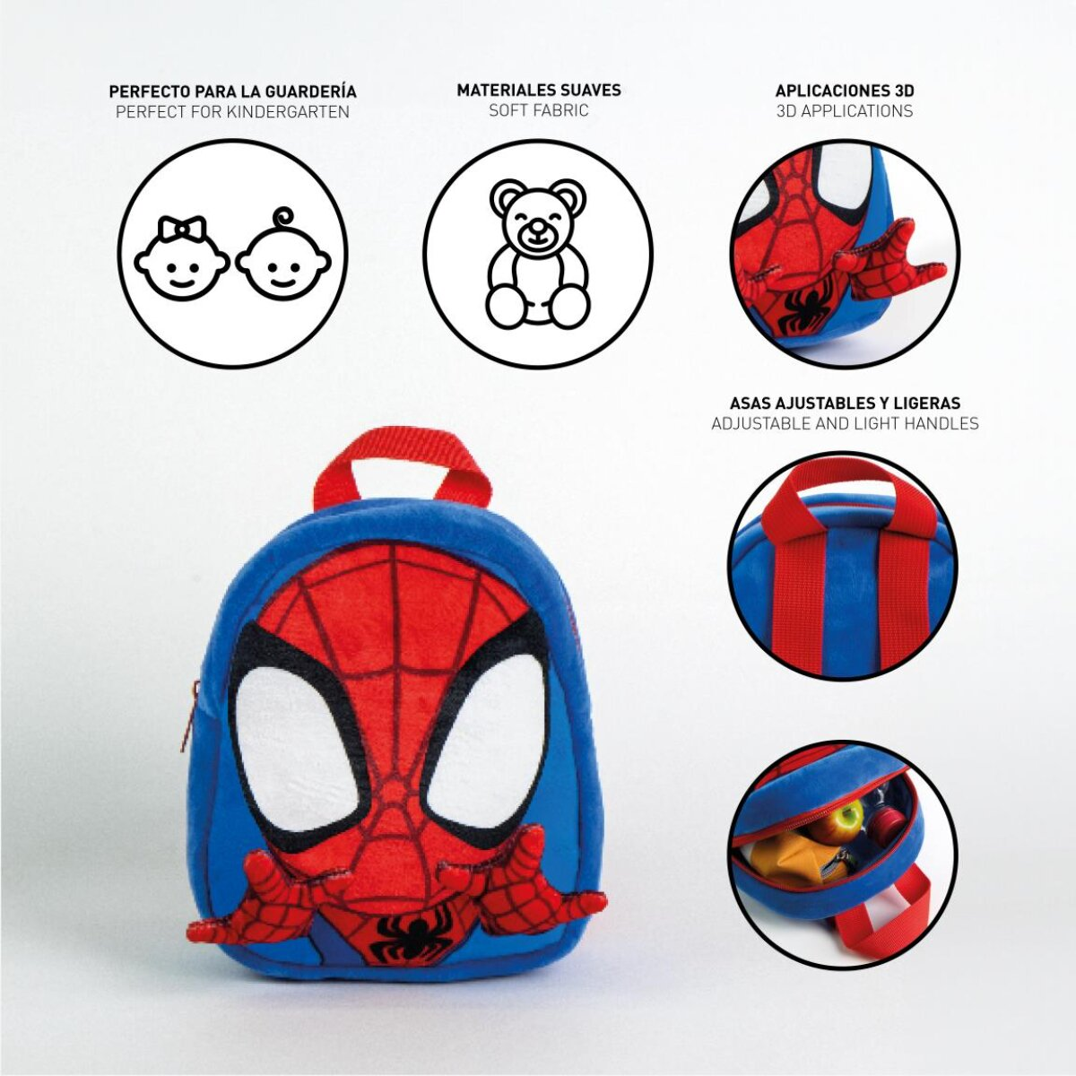 Ein blauer Spiderman-Rucksack mit roten Details. Weitere Bilder zeigen Funktionen: 3D-Anwendungen, verstellbare Griffe und weicher Stoff.